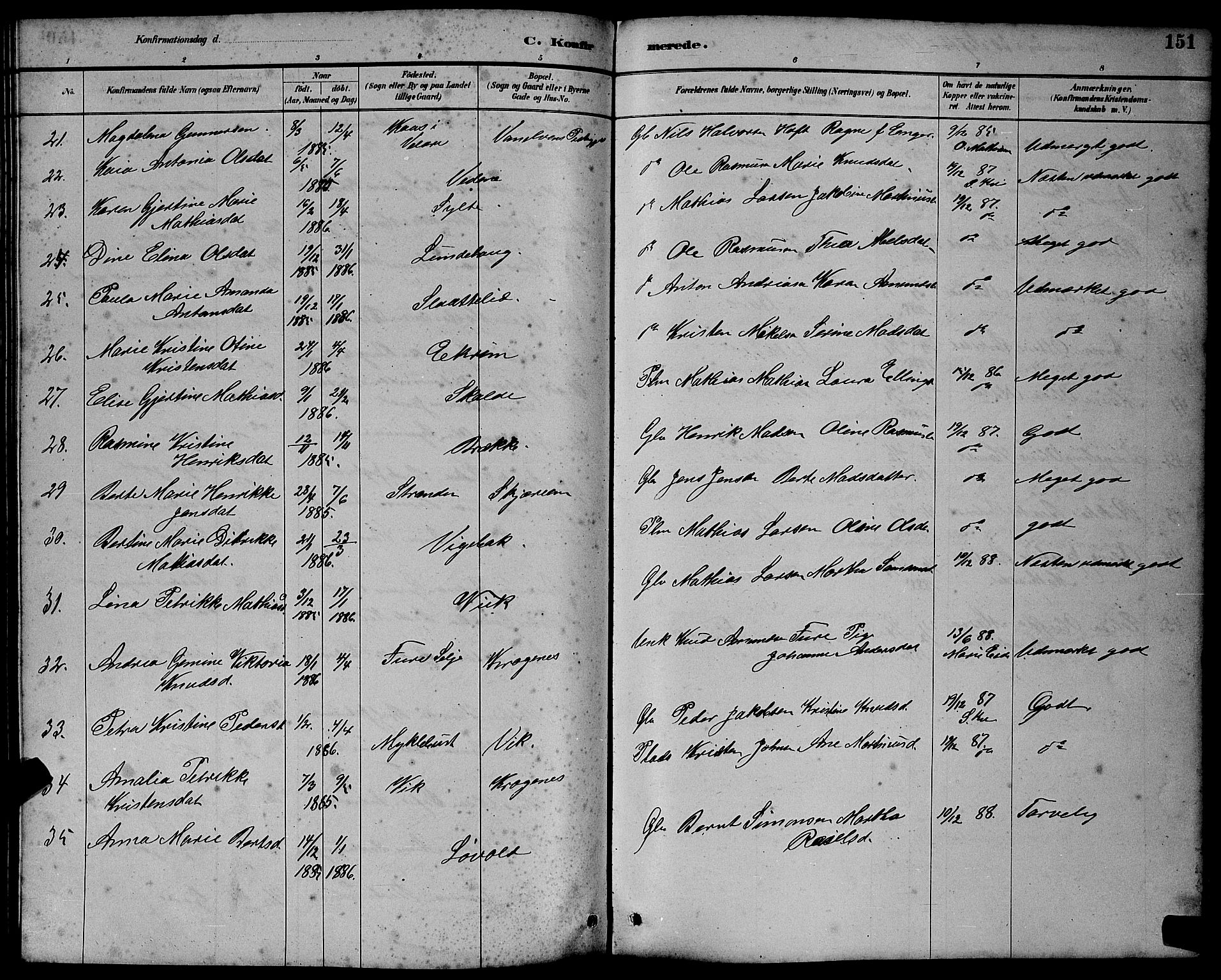 Ministerialprotokoller, klokkerbøker og fødselsregistre - Møre og Romsdal, AV/SAT-A-1454/501/L0017: Klokkerbok nr. 501C03, 1885-1901, s. 151