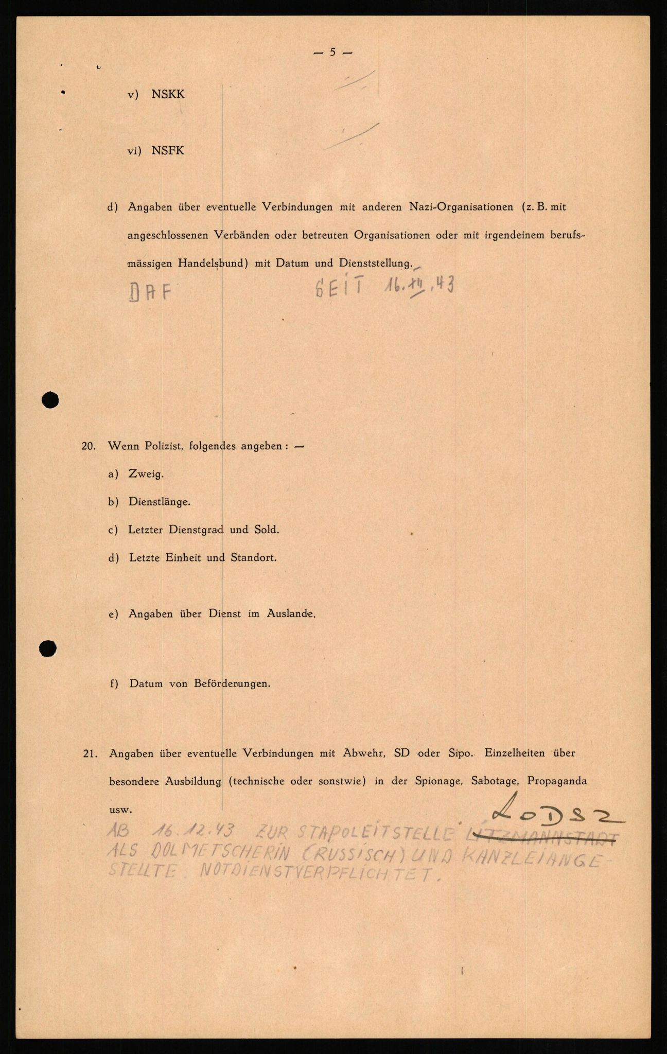 Forsvaret, Forsvarets overkommando II, RA/RAFA-3915/D/Db/L0020: CI Questionaires. Tyske okkupasjonsstyrker i Norge. Tyskere., 1945-1946, s. 112