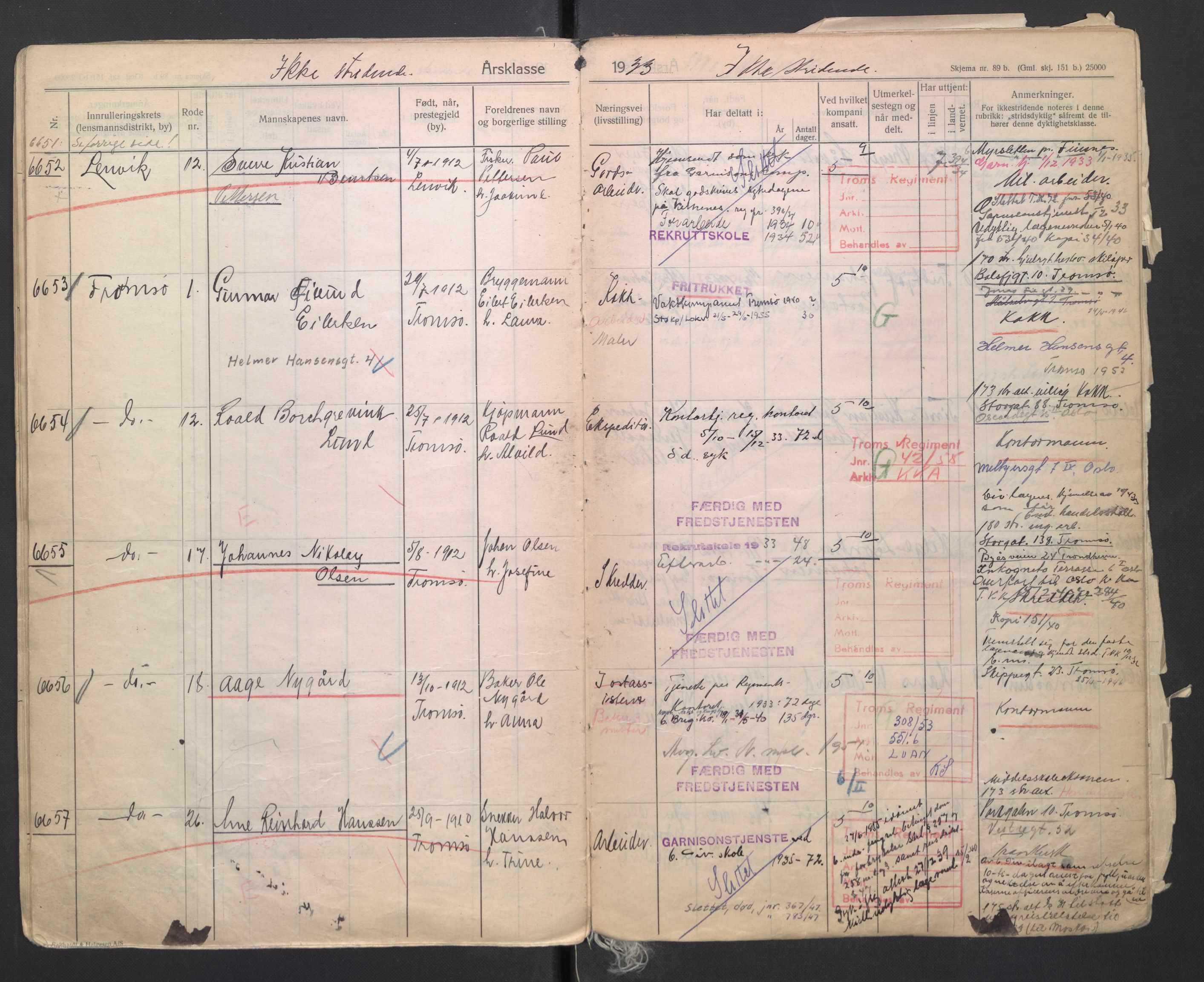 Forsvaret, Troms infanteriregiment nr. 16, AV/RA-RAFA-3146/P/Pa/L0006/0005: Ruller / Rulle for Bardu bataljons menige mannskaper, årsklasse 1933, 1933