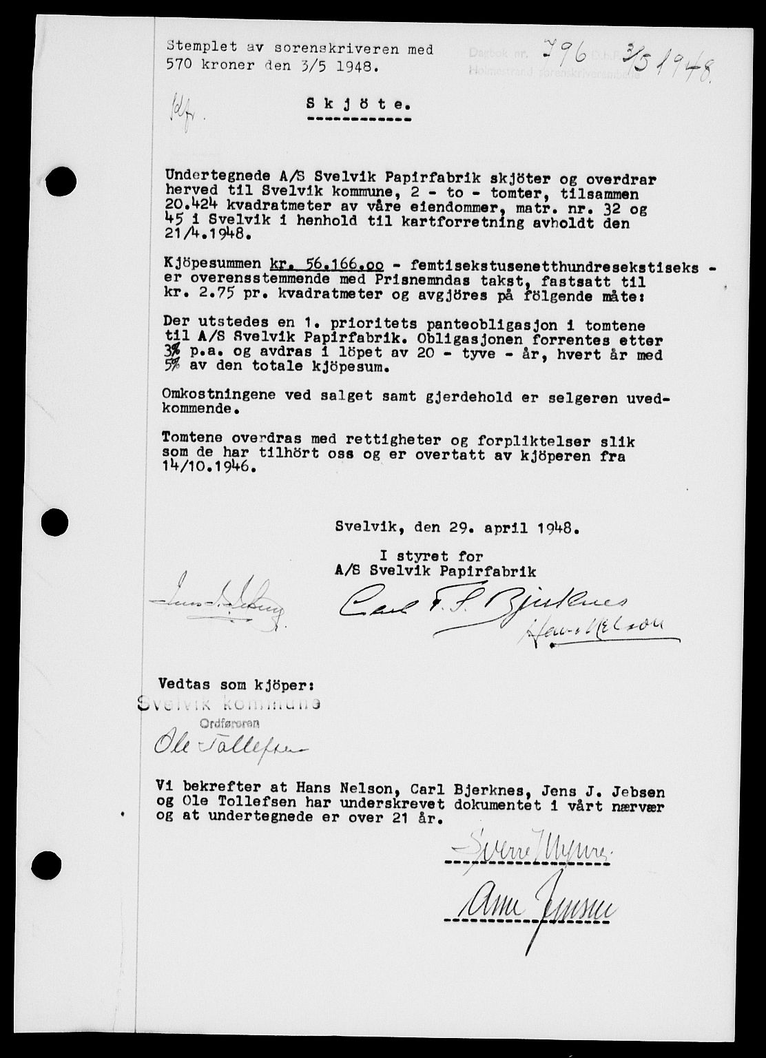 Holmestrand sorenskriveri, SAKO/A-67/G/Ga/Gaa/L0064: Pantebok nr. A-64, 1948-1948, Dagboknr: 796/1948