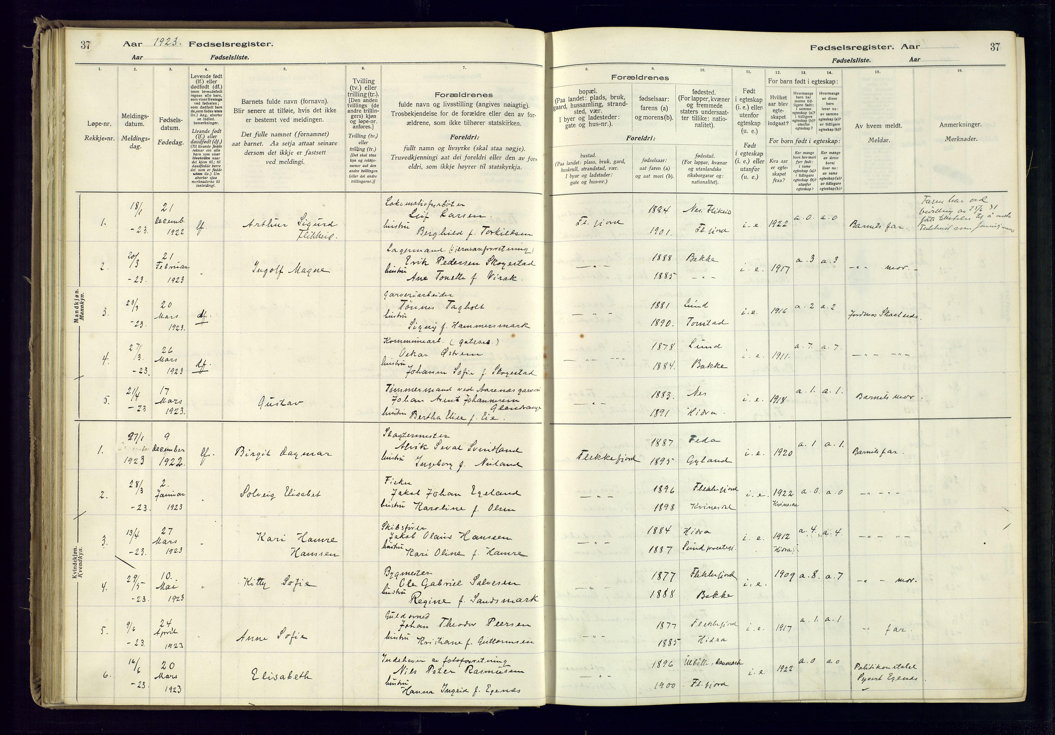 Flekkefjord sokneprestkontor, AV/SAK-1111-0012/J/Ja/L0001: Fødselsregister nr. 1, 1916-1948, s. 37