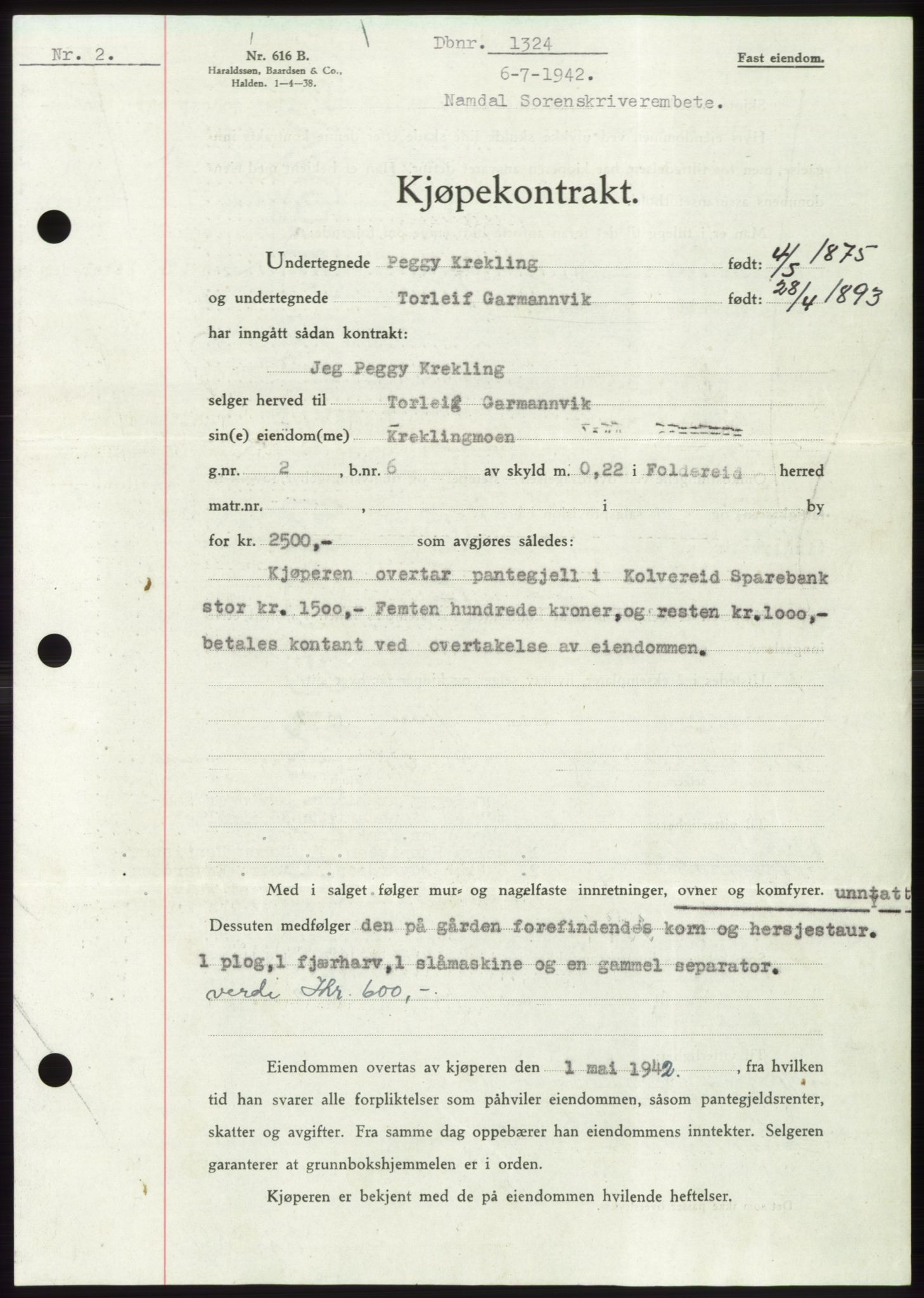 Namdal sorenskriveri, SAT/A-4133/1/2/2C: Pantebok nr. -, 1942-1943, Dagboknr: 1324/1942