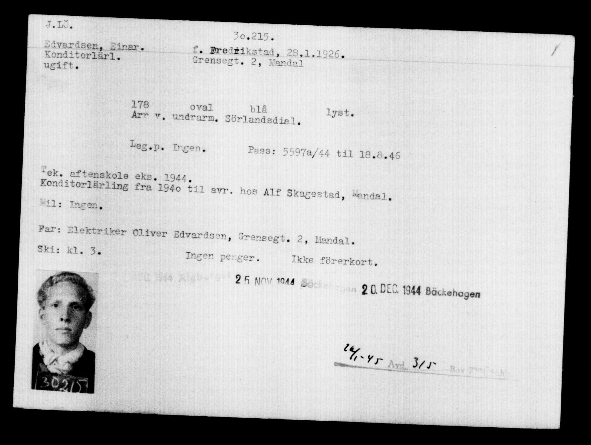 Utenriksstasjonene, Legasjonen i Stockholm, Flyktningkontoret, AV/RA-S-6753/V/Va/L0012: Kjesäterkartoteket, flyktninger med registreringsnr. 28300-31566, 1940-1945, s. 2109