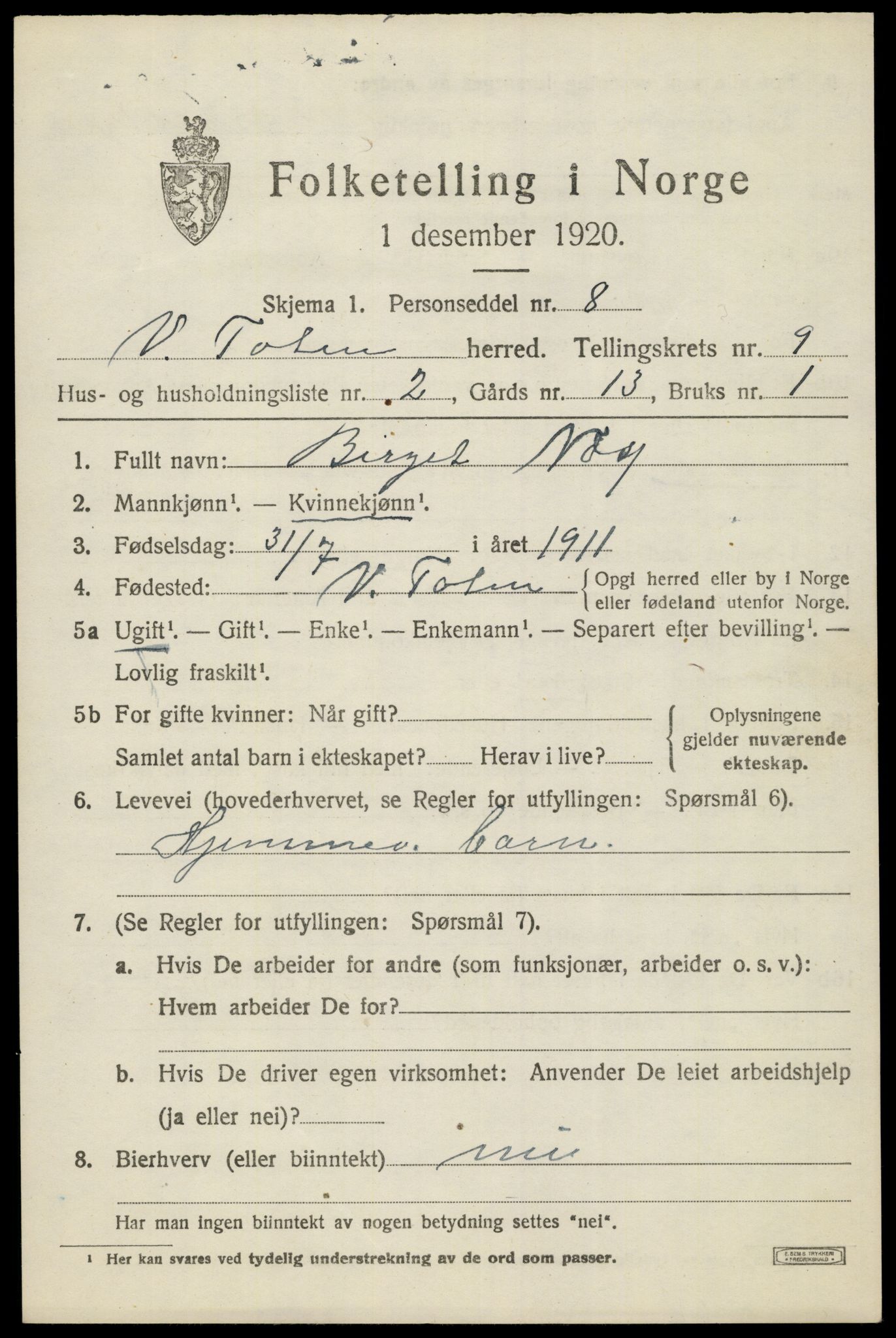 SAH, Folketelling 1920 for 0529 Vestre Toten herred, 1920, s. 11162