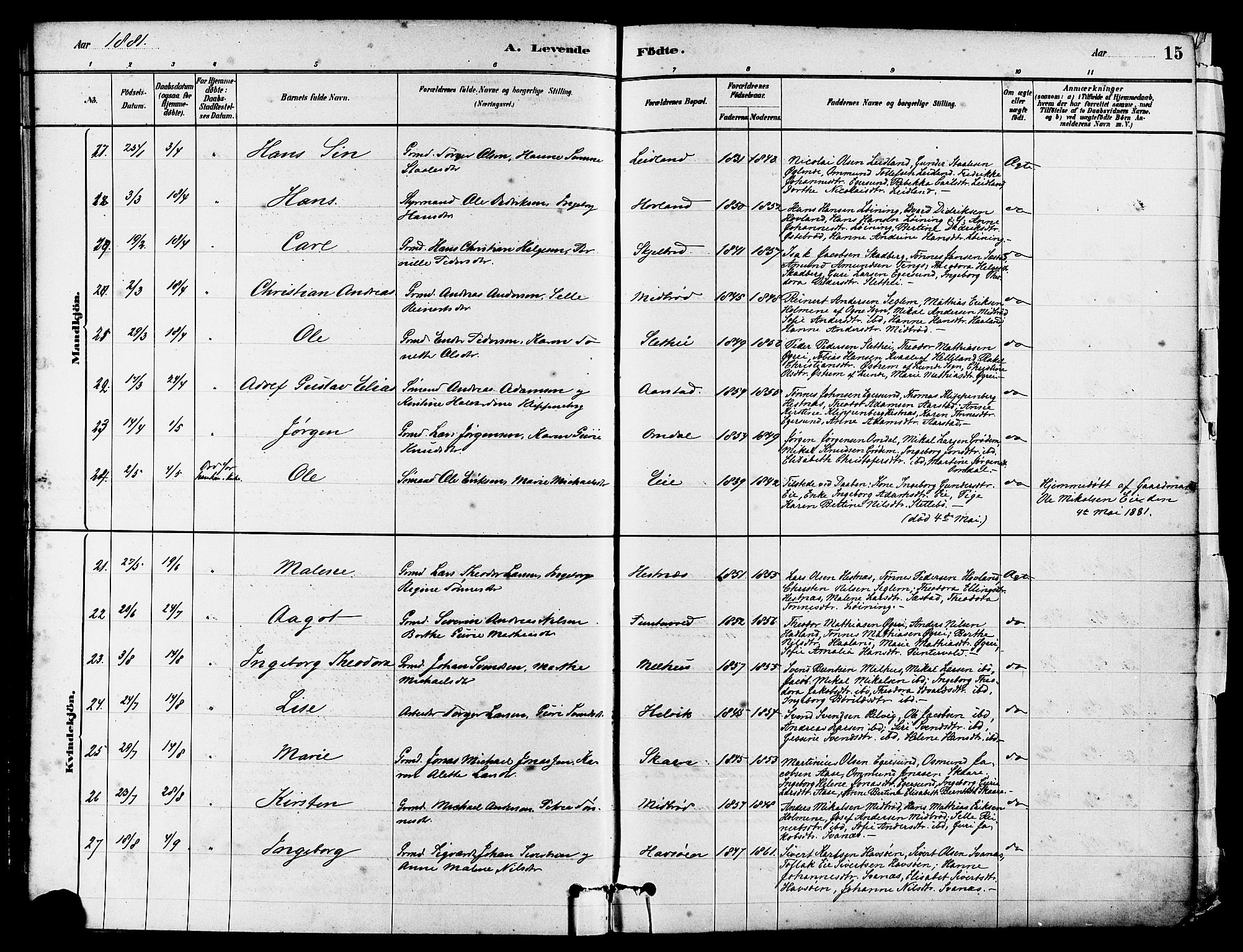 Eigersund sokneprestkontor, AV/SAST-A-101807/S08/L0017: Ministerialbok nr. A 14, 1879-1892, s. 15