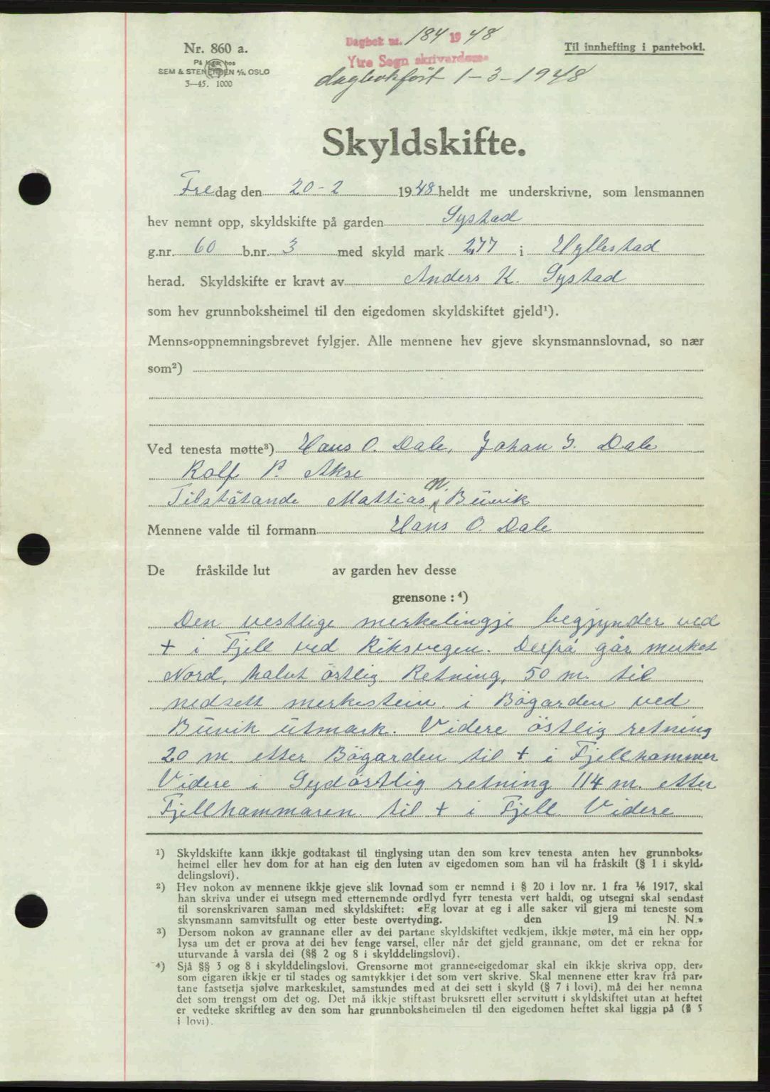 Ytre Sogn tingrett, SAB/A-2601/1/G/Gbb/L0005: Pantebok nr. A3 - A4 (B2), 1947-1948, Dagboknr: 184/1948