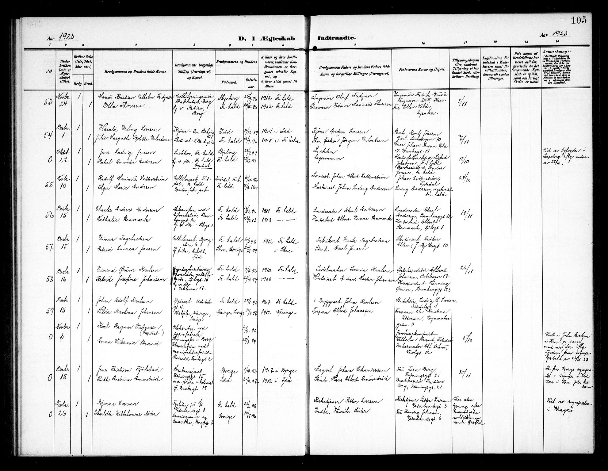 Halden prestekontor Kirkebøker, AV/SAO-A-10909/G/Ga/L0011: Klokkerbok nr. 11, 1906-1934, s. 105