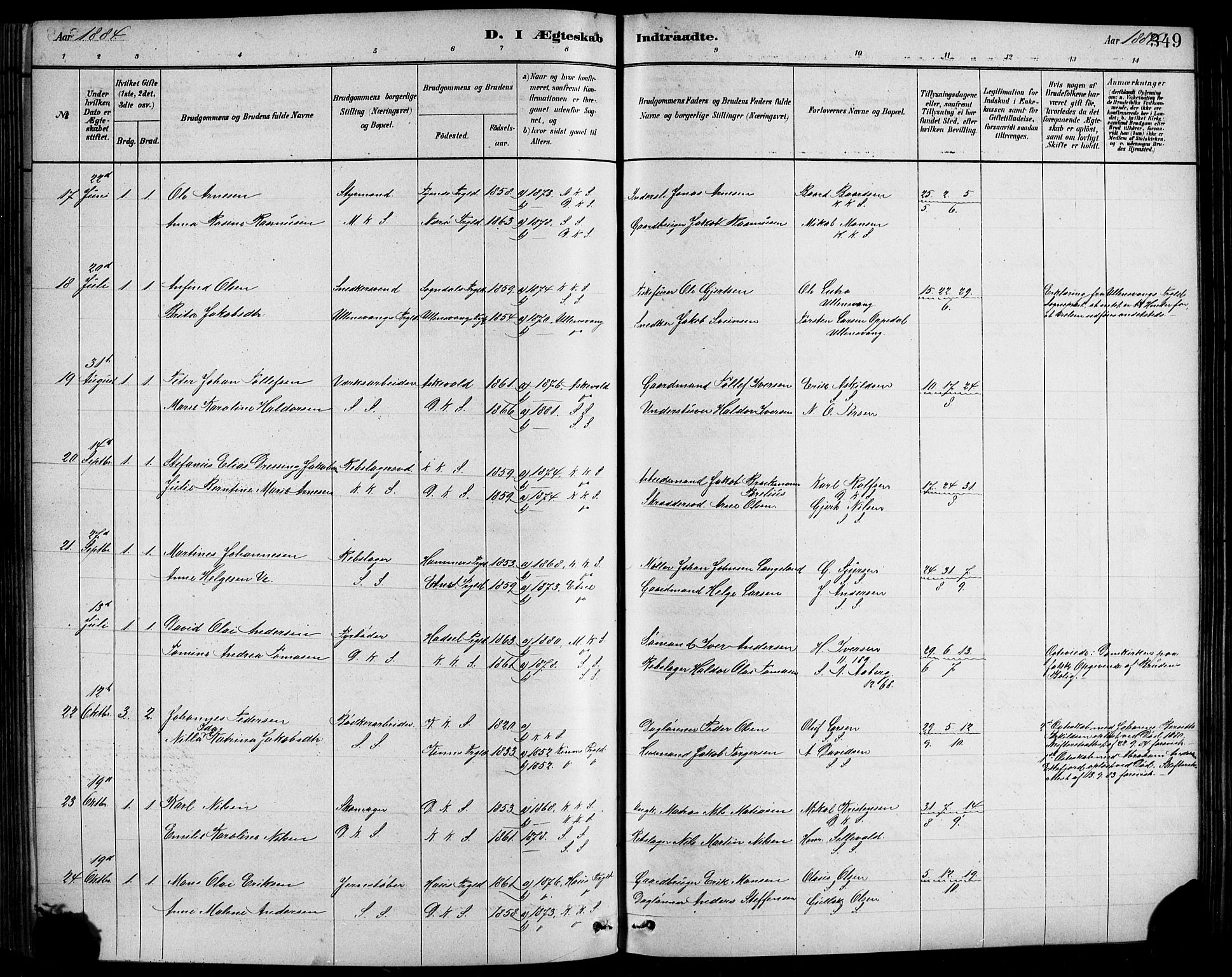 Sandviken Sokneprestembete, AV/SAB-A-77601/H/Hb/L0001: Klokkerbok nr. A 2, 1879-1892, s. 349
