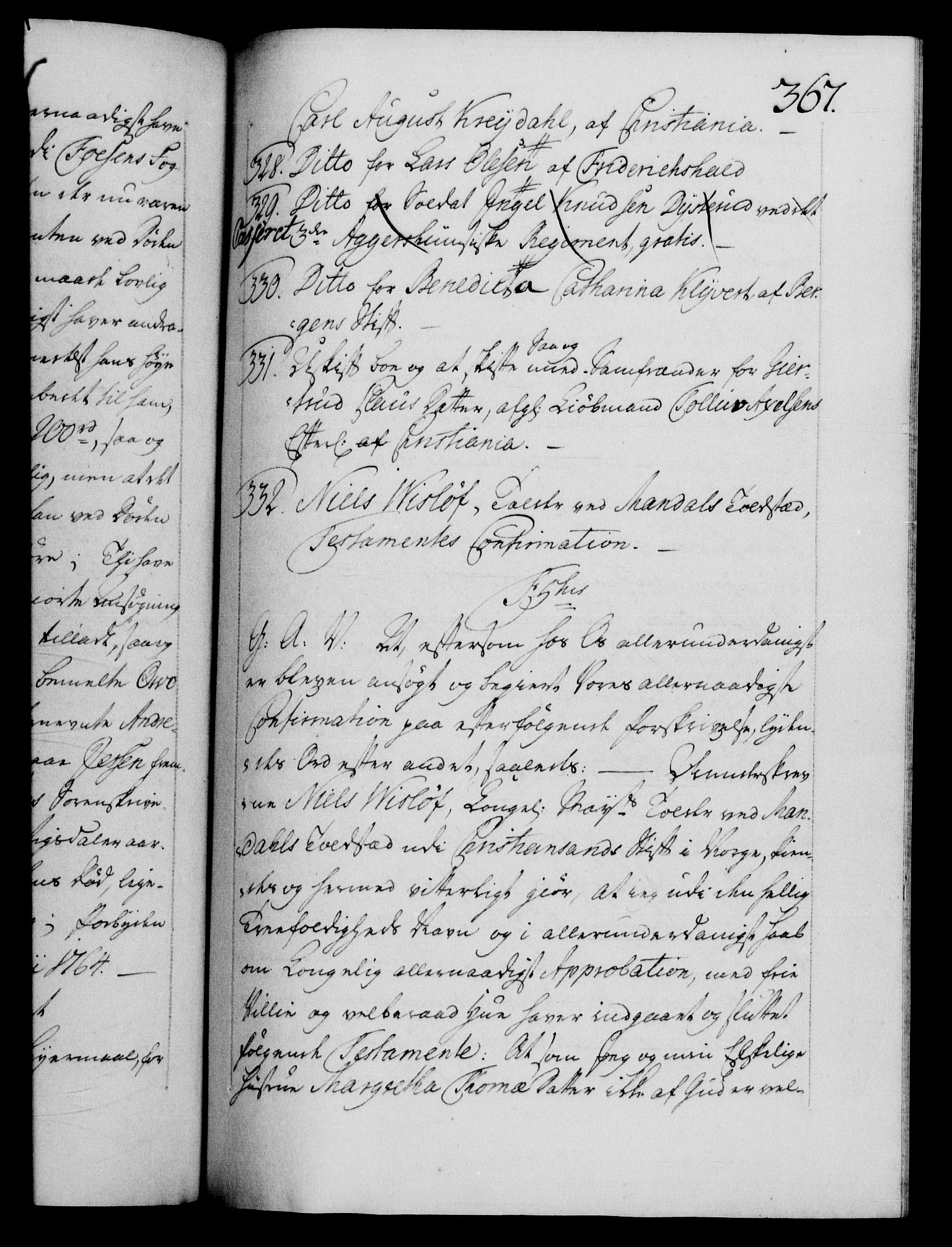 Danske Kanselli 1572-1799, AV/RA-EA-3023/F/Fc/Fca/Fcaa/L0042: Norske registre, 1763-1766, s. 367a