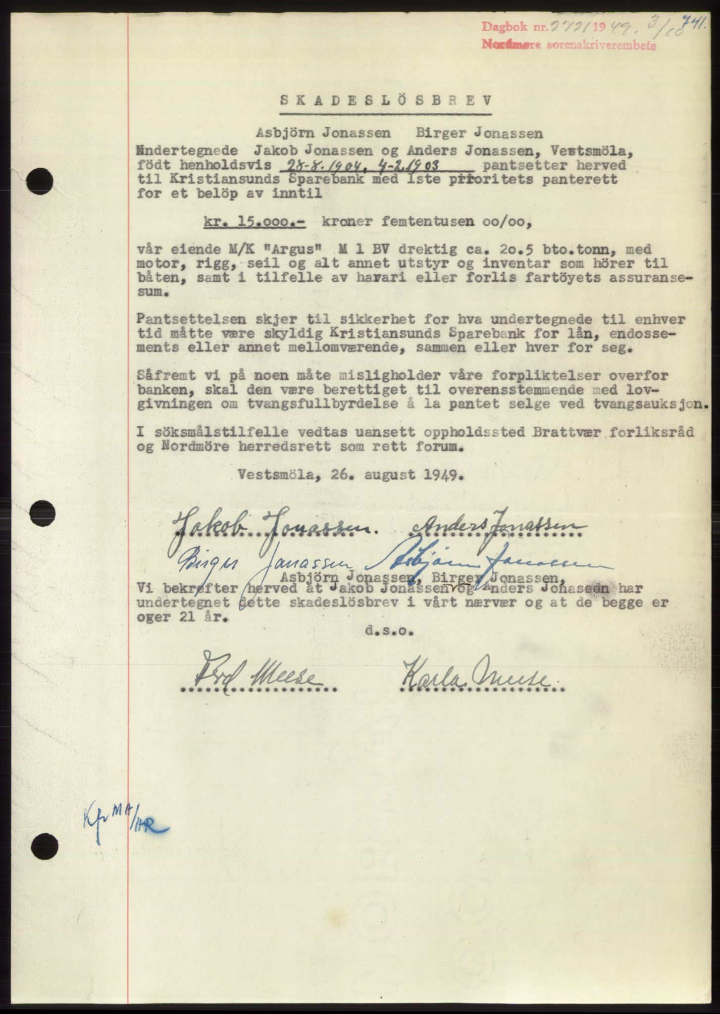 Nordmøre sorenskriveri, SAT/A-4132/1/2/2Ca: Pantebok nr. B102, 1949-1949, Dagboknr: 2721/1949