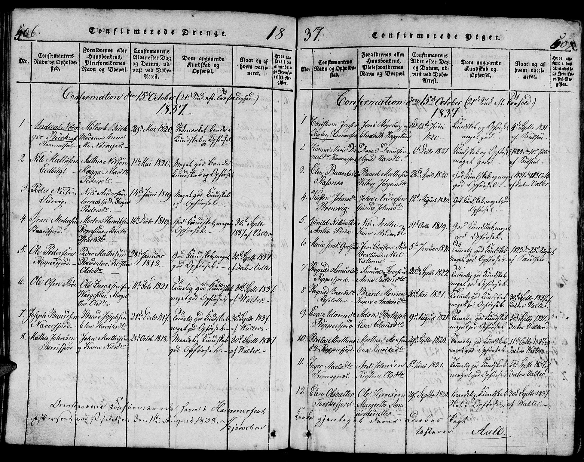 Hammerfest sokneprestkontor, SATØ/S-1347/H/Hb/L0001.klokk: Klokkerbok nr. 1, 1822-1850, s. 506-507