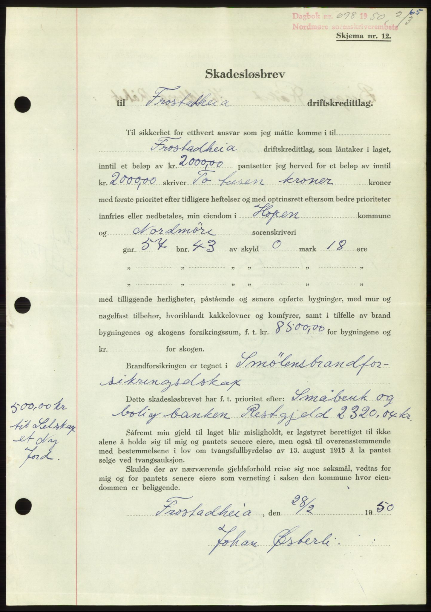 Nordmøre sorenskriveri, SAT/A-4132/1/2/2Ca: Pantebok nr. B104, 1950-1950, Dagboknr: 698/1950