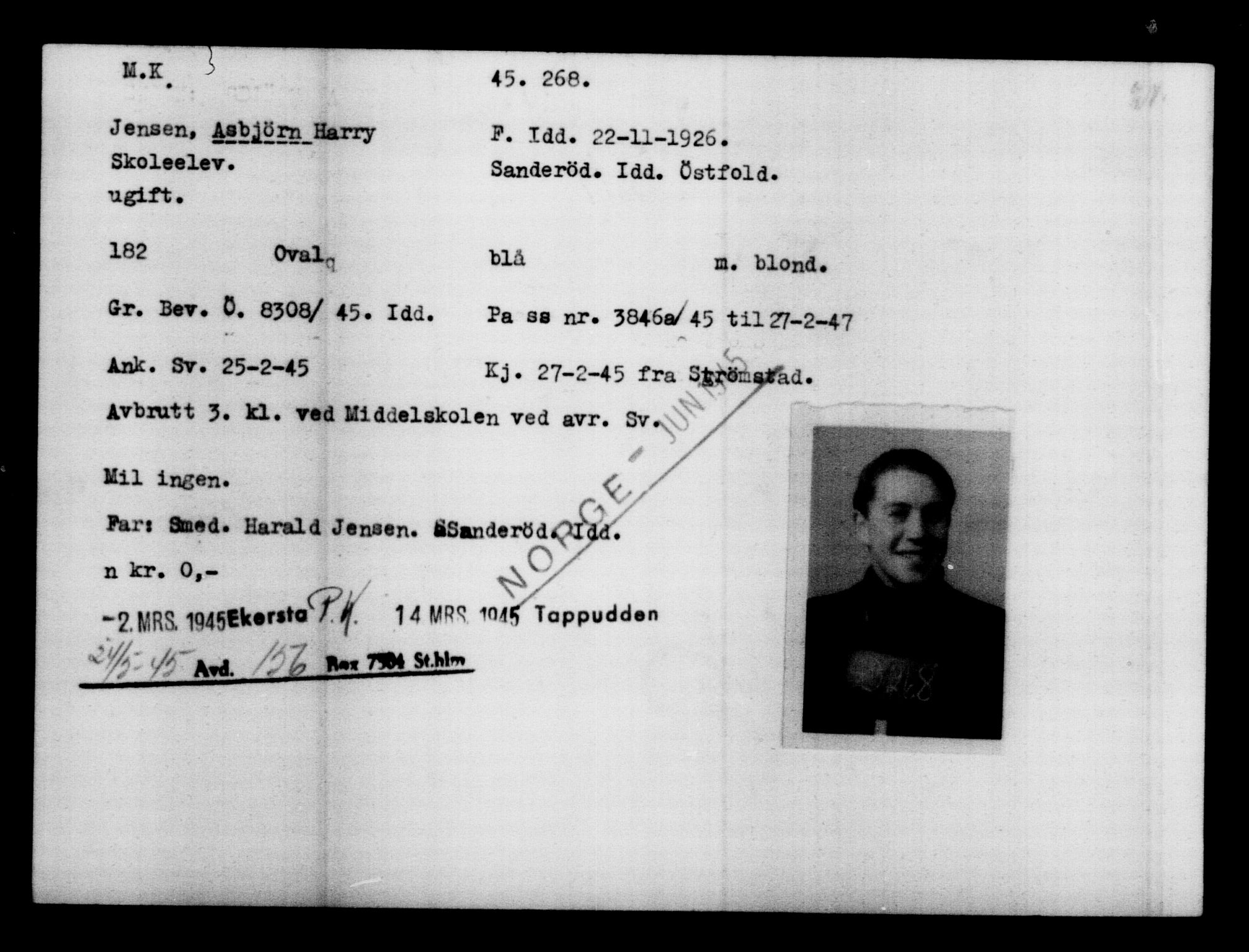 Utenriksstasjonene, Legasjonen i Stockholm, Flyktningkontoret, AV/RA-S-6753/V/Va/L0017: Kjesäterkartoteket, flyktninger med registreringsnr. 43400-46318, 1940-1945, s. 1947