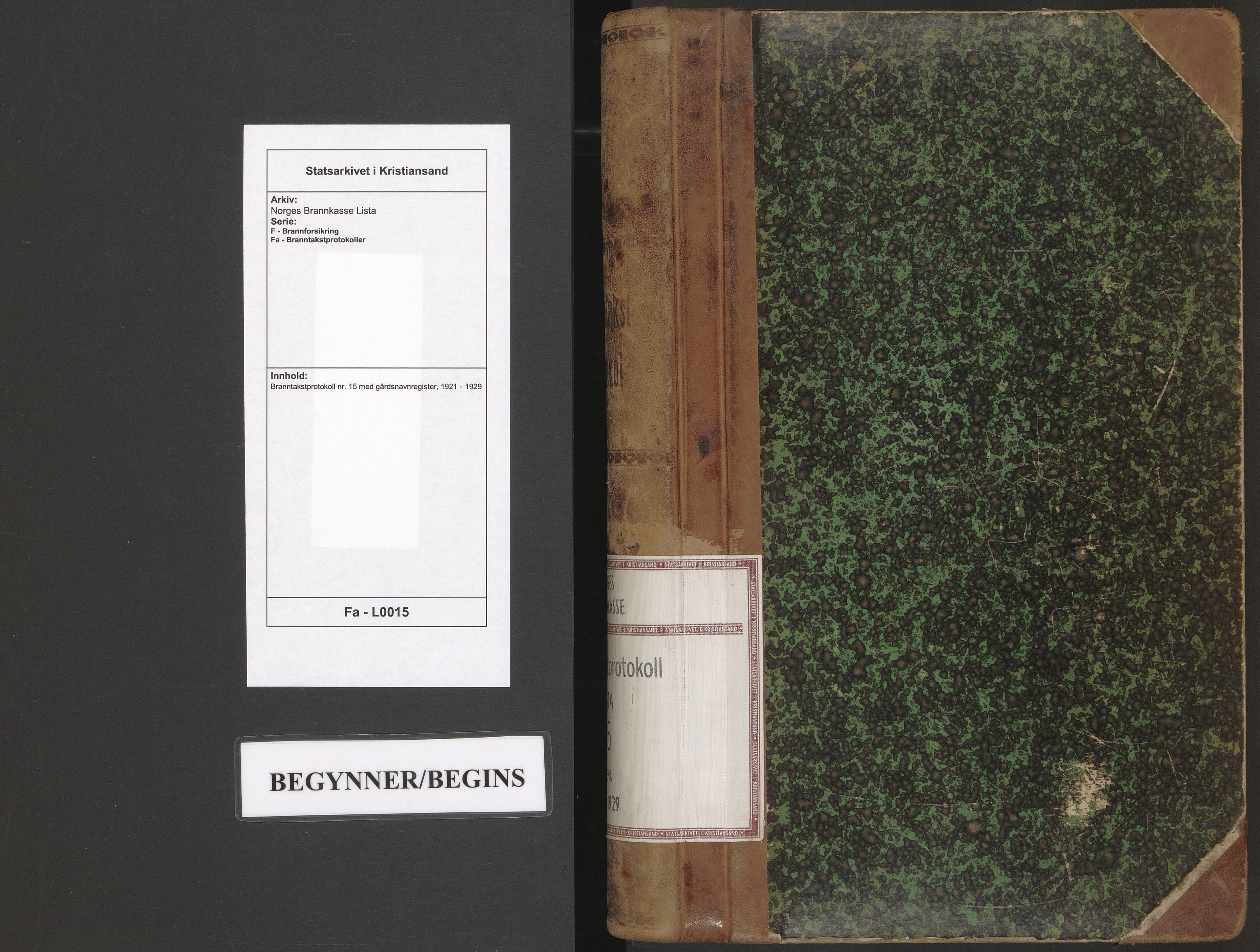 Norges Brannkasse Lista, SAK/2241-0035/F/Fa/L0015: Branntakstprotokoll nr. 15 med gårdsnavnregister, 1921-1929