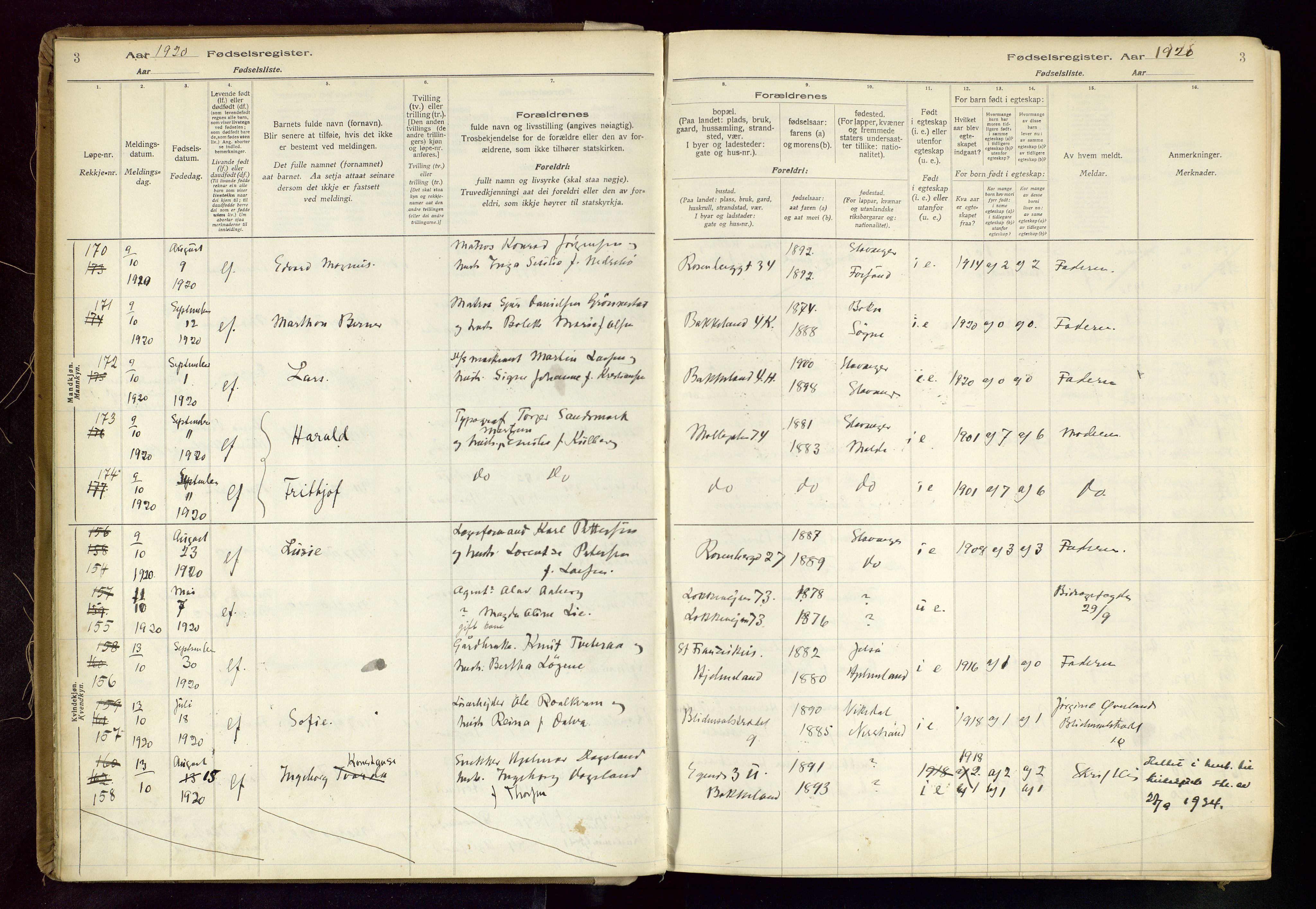 Domkirken sokneprestkontor, AV/SAST-A-101812/002/B/L0002: Fødselsregister nr. 2, 1920-1925, s. 3