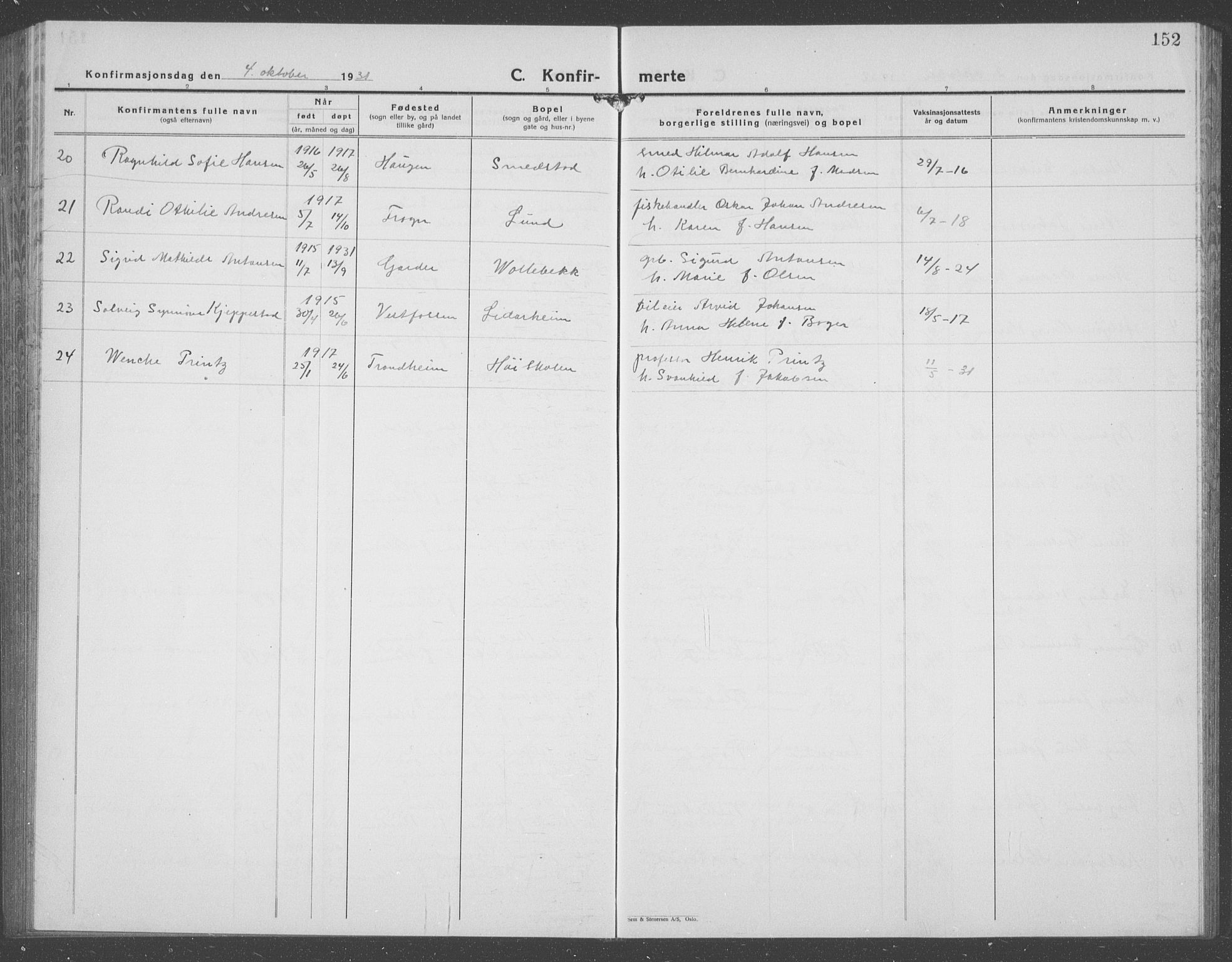 Ås prestekontor Kirkebøker, AV/SAO-A-10894/G/Ga/L0006: Klokkerbok nr. I 6, 1925-1940, s. 152