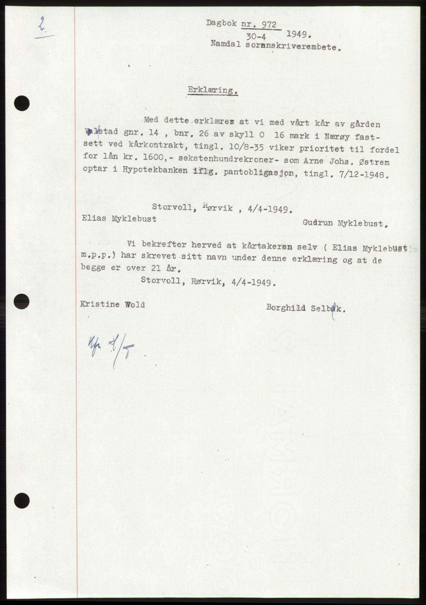 Namdal sorenskriveri, SAT/A-4133/1/2/2C: Pantebok nr. -, 1949-1949, Dagboknr: 972/1949