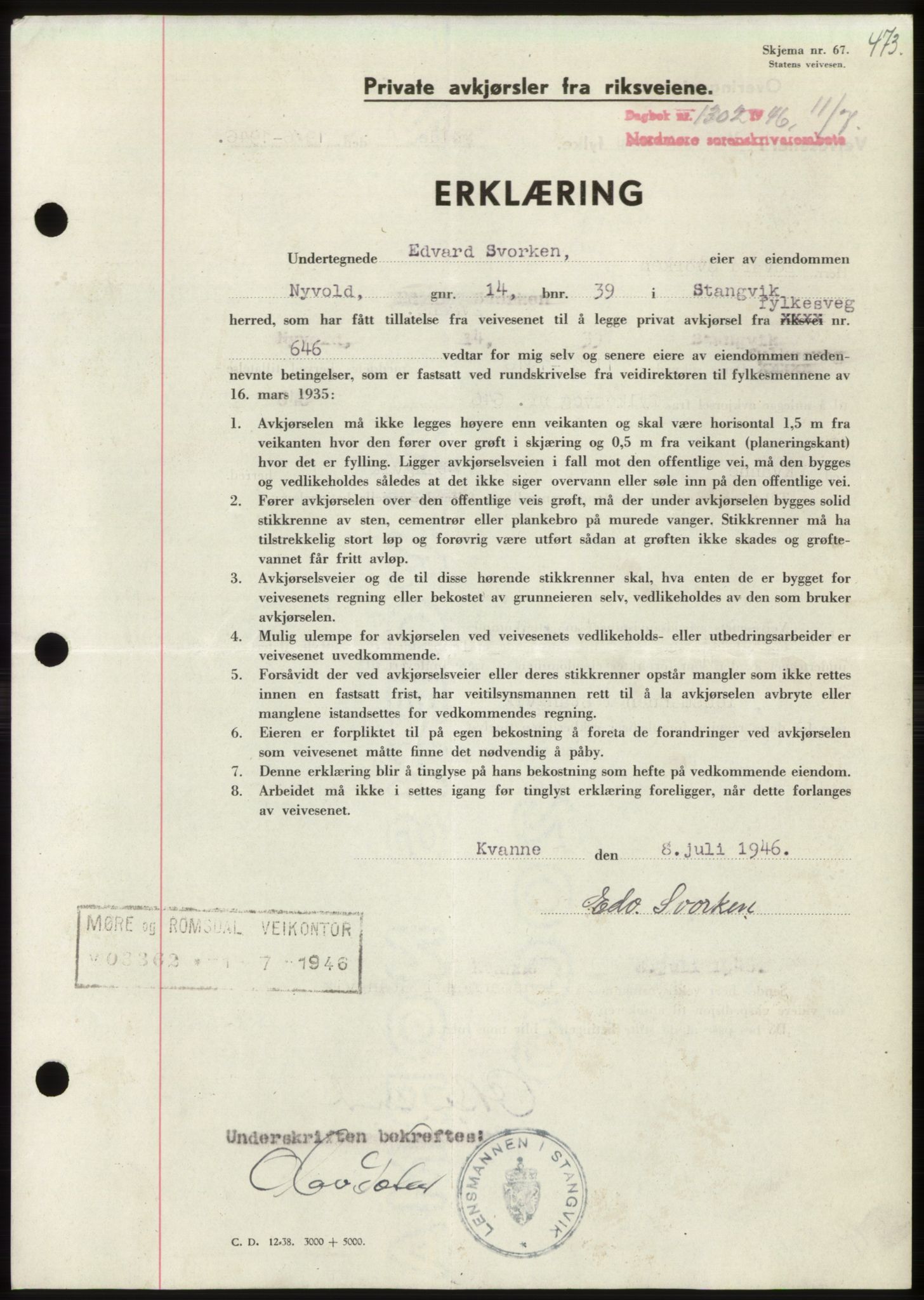 Nordmøre sorenskriveri, SAT/A-4132/1/2/2Ca: Pantebok nr. B94, 1946-1946, Dagboknr: 1302/1946