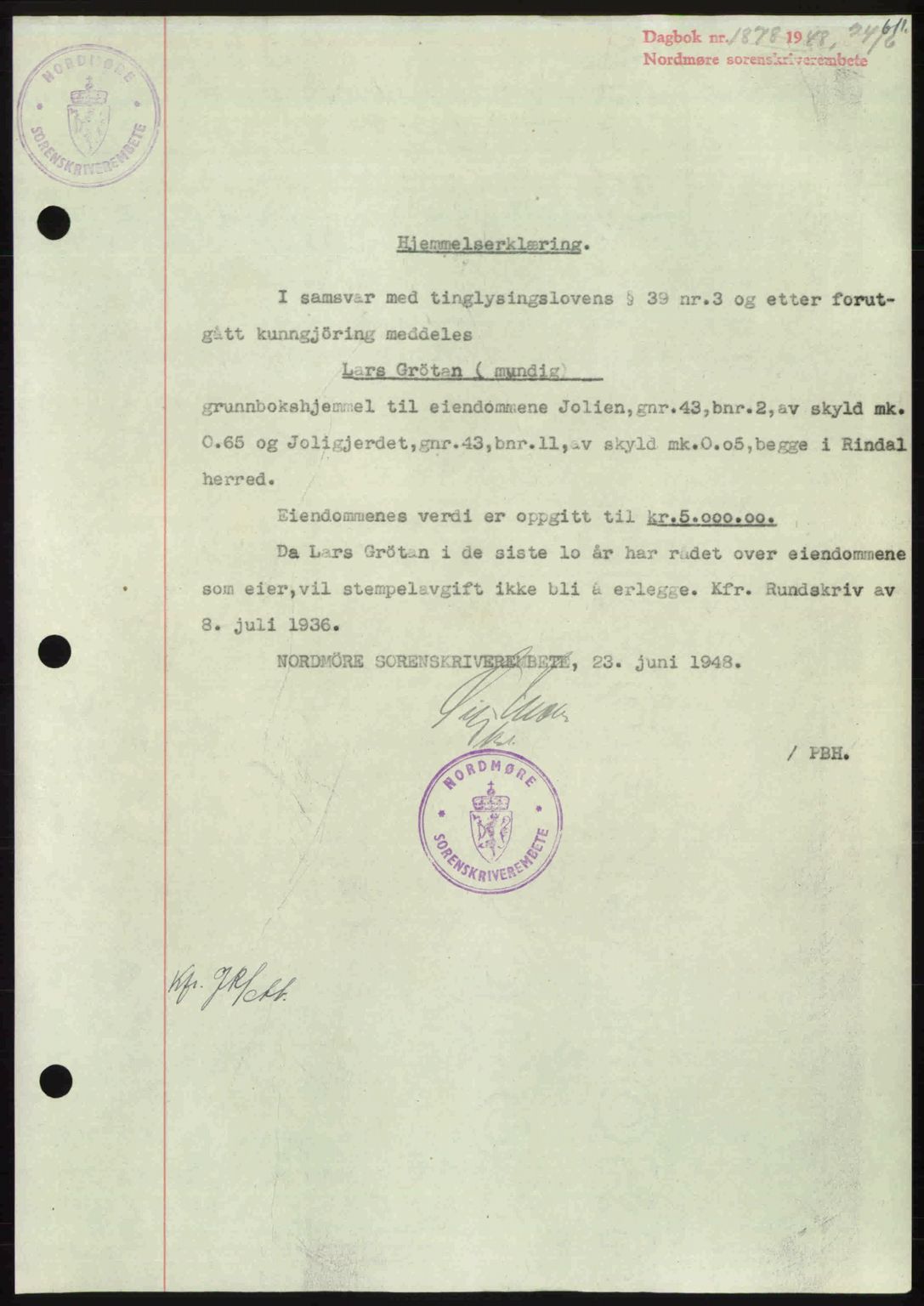 Nordmøre sorenskriveri, SAT/A-4132/1/2/2Ca: Pantebok nr. A108, 1948-1948, Dagboknr: 1878/1948