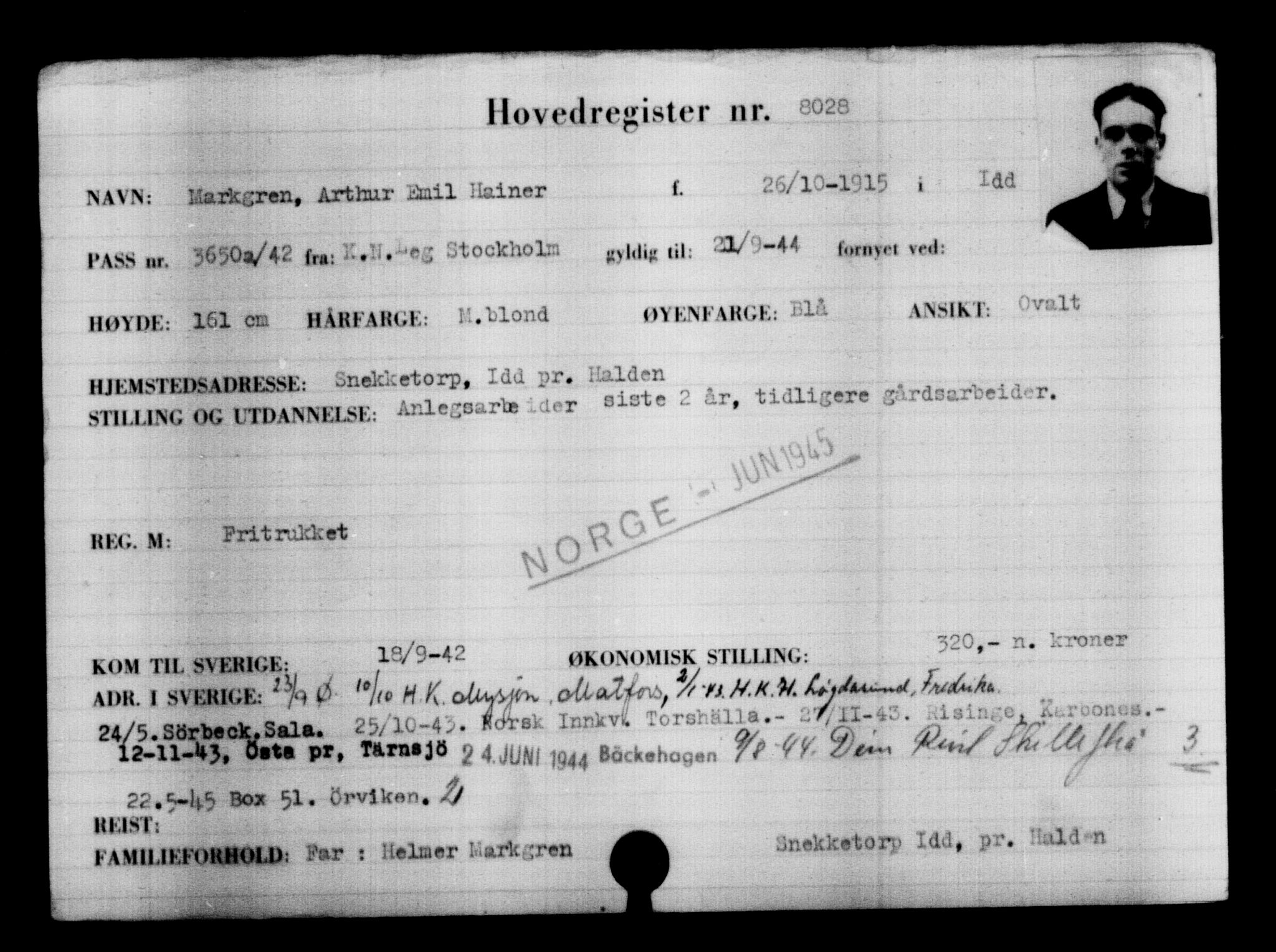 Utenriksstasjonene, Legasjonen i Stockholm, Flyktningkontoret, AV/RA-S-6753/V/Va/L0005: Kjesäterkartoteket, flyktninger med registreringsnr. 6600-9417, 1940-1945, s. 1673