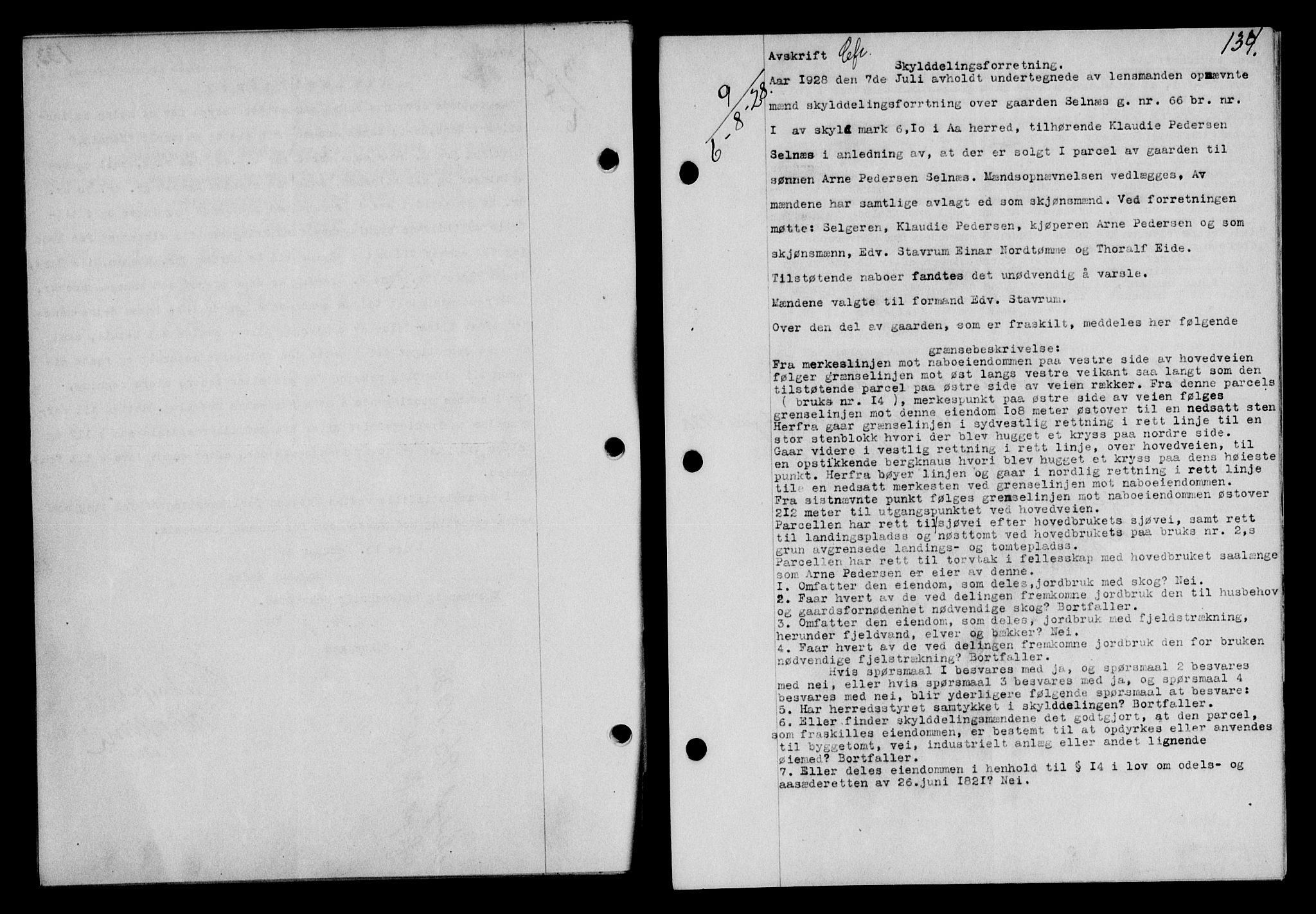Fosen sorenskriveri, AV/SAT-A-1107/1/2/2C/L0067: Pantebok nr. 58, 1928-1929, s. 134, Tingl.dato: 06.08.1928