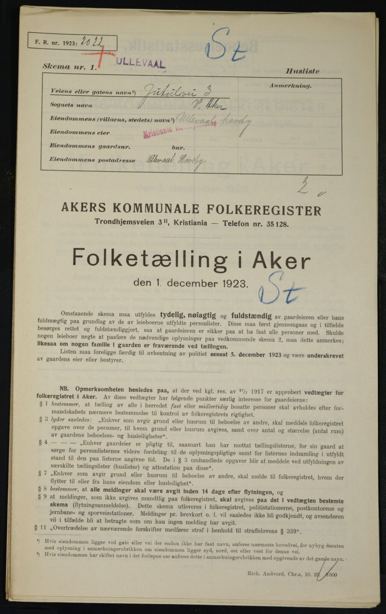 , Kommunal folketelling 1.12.1923 for Aker, 1923, s. 21043