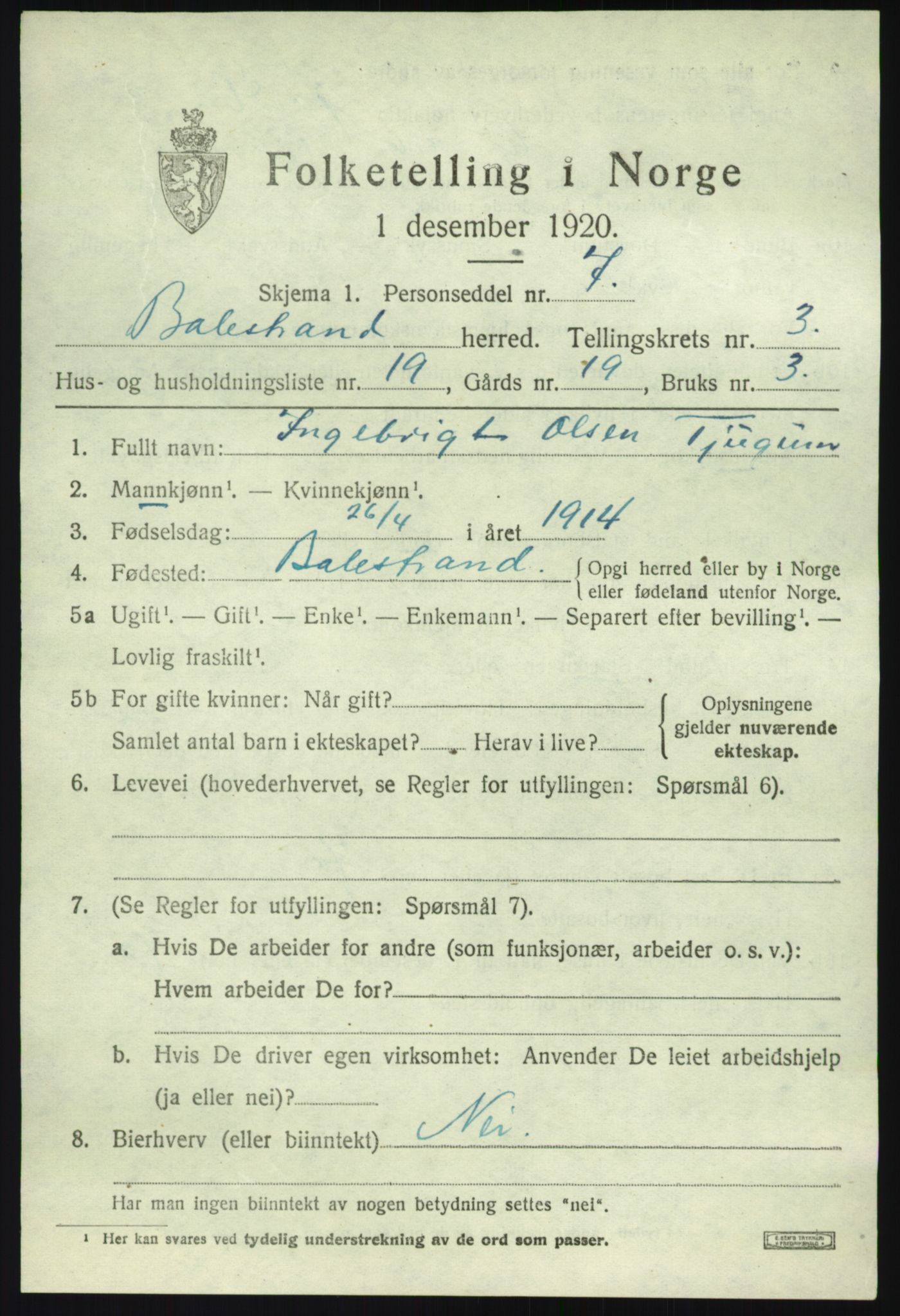 SAB, Folketelling 1920 for 1418 Balestrand herred, 1920, s. 2104