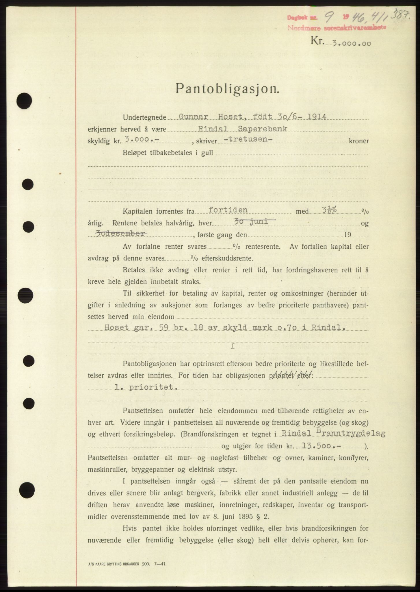 Nordmøre sorenskriveri, AV/SAT-A-4132/1/2/2Ca: Pantebok nr. B93b, 1946-1946, Dagboknr: 9/1946