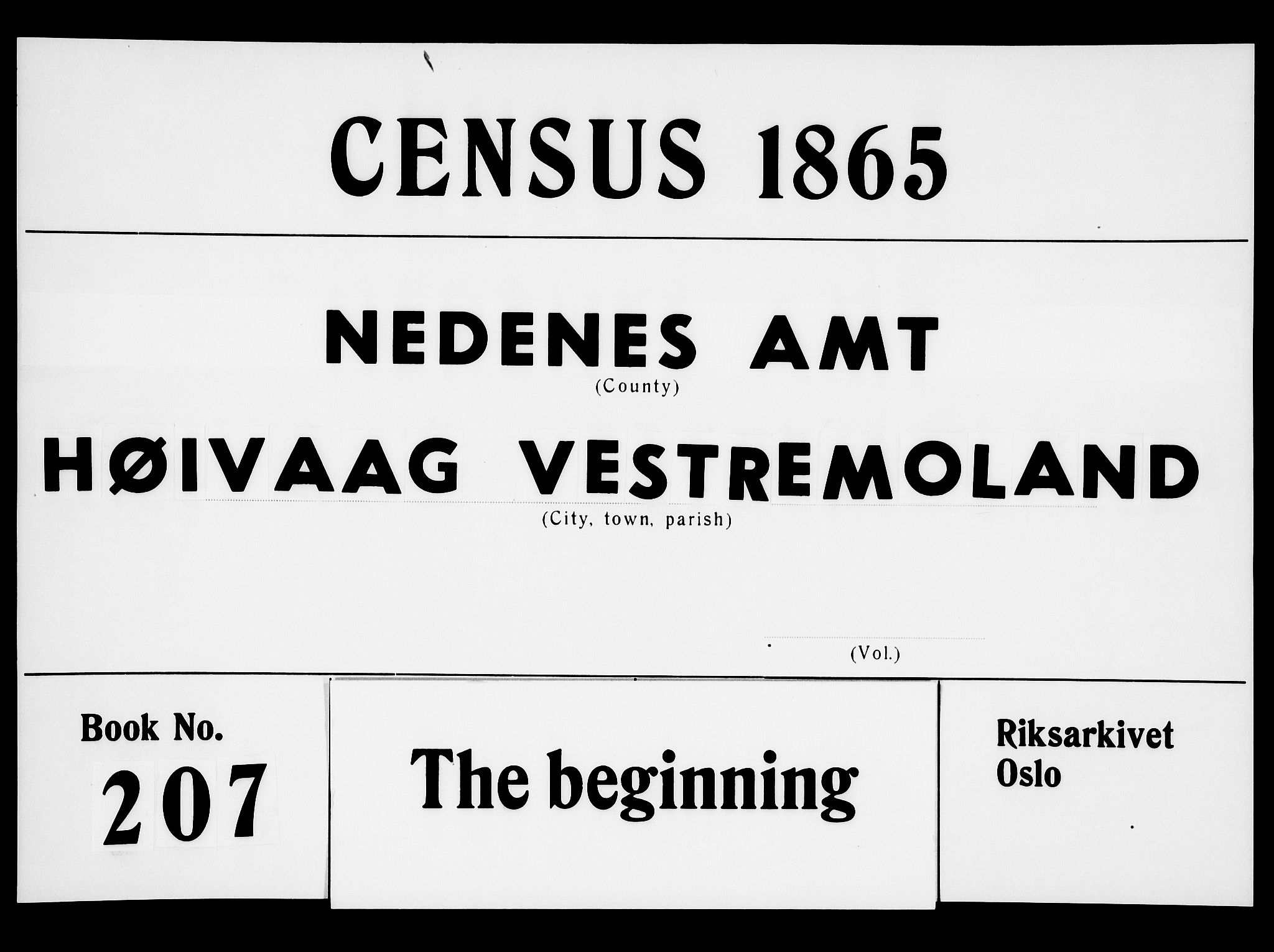 RA, Folketelling 1865 for 0927P Høvåg prestegjeld, 1865, s. 1