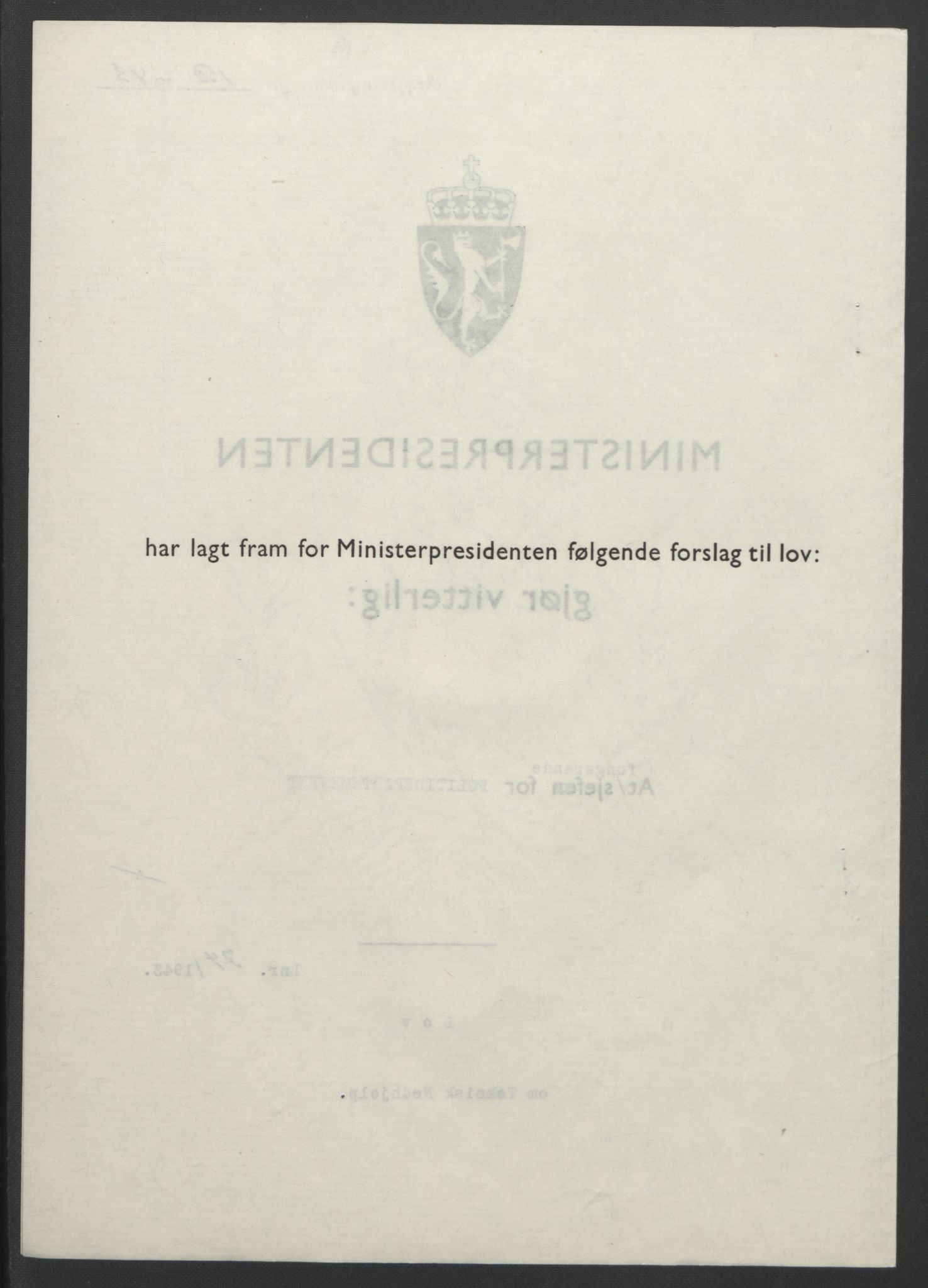 NS-administrasjonen 1940-1945 (Statsrådsekretariatet, de kommisariske statsråder mm), RA/S-4279/D/Db/L0099: Lover, 1943, s. 337