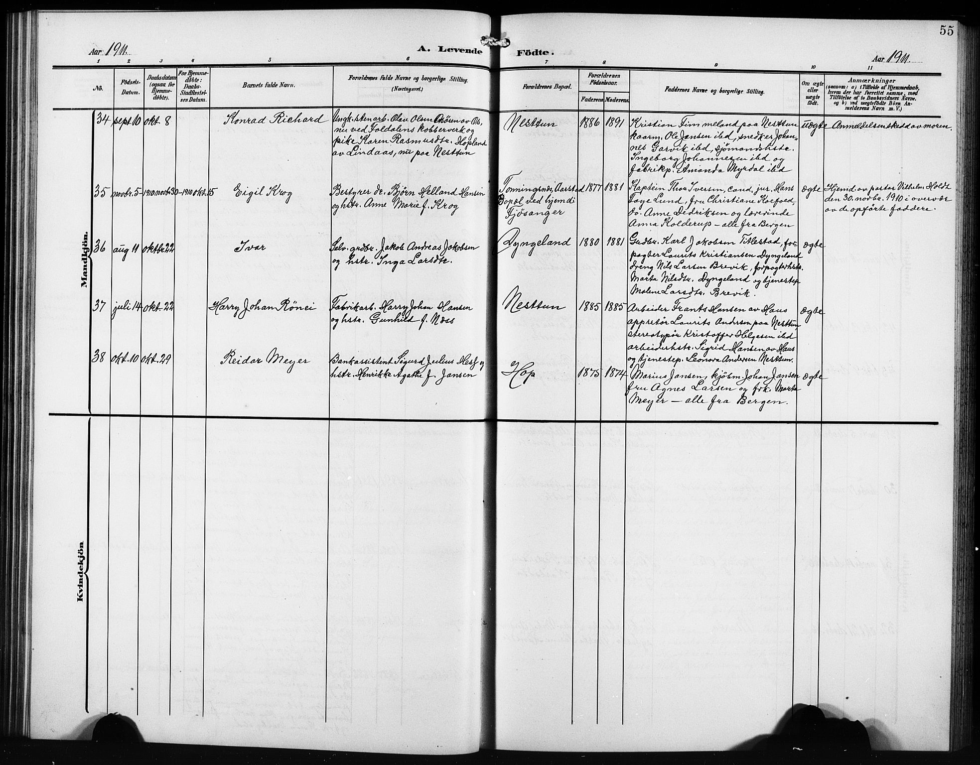 Birkeland Sokneprestembete, AV/SAB-A-74601/H/Hab: Klokkerbok nr. A 6, 1906-1915, s. 55