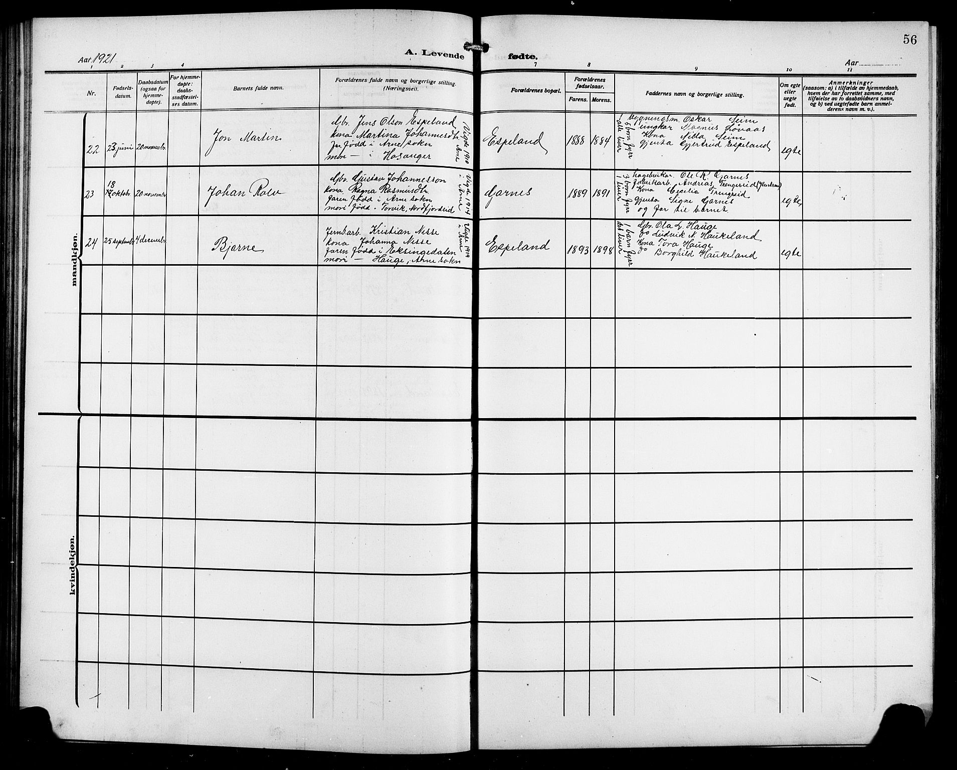 Arna sokneprestembete, AV/SAB-A-74001/H/Ha/Hab: Klokkerbok nr. A 5, 1911-1921, s. 56