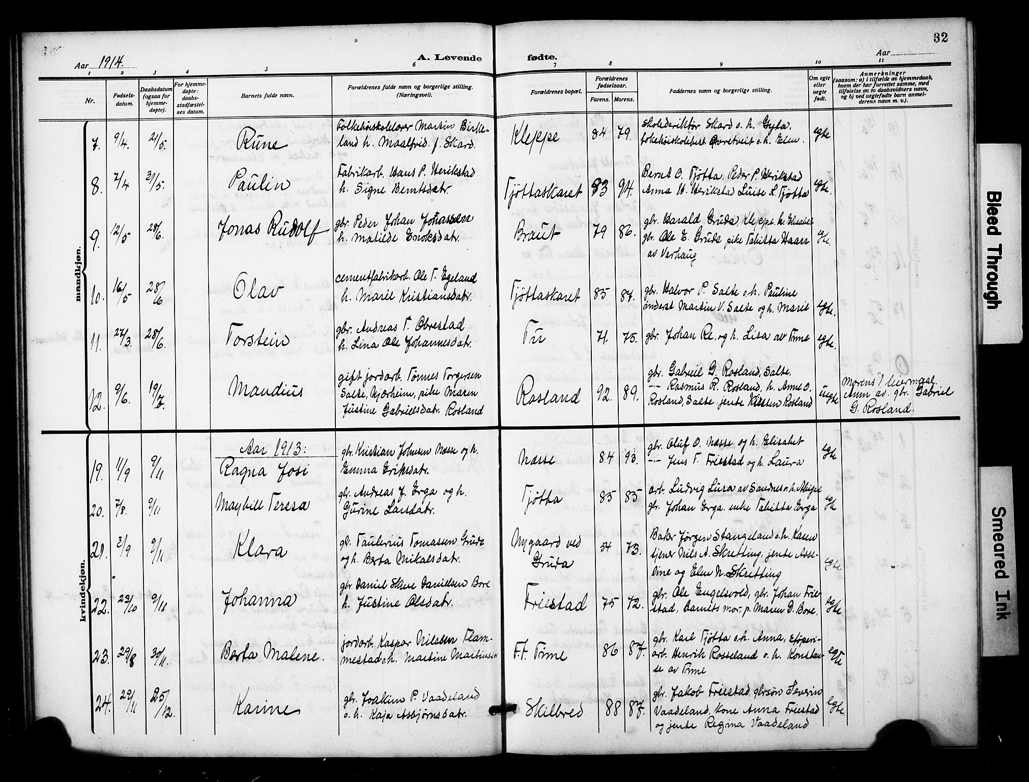 Klepp sokneprestkontor, AV/SAST-A-101803/001/3/30BB/L0007: Klokkerbok nr. B 7, 1908-1934, s. 32