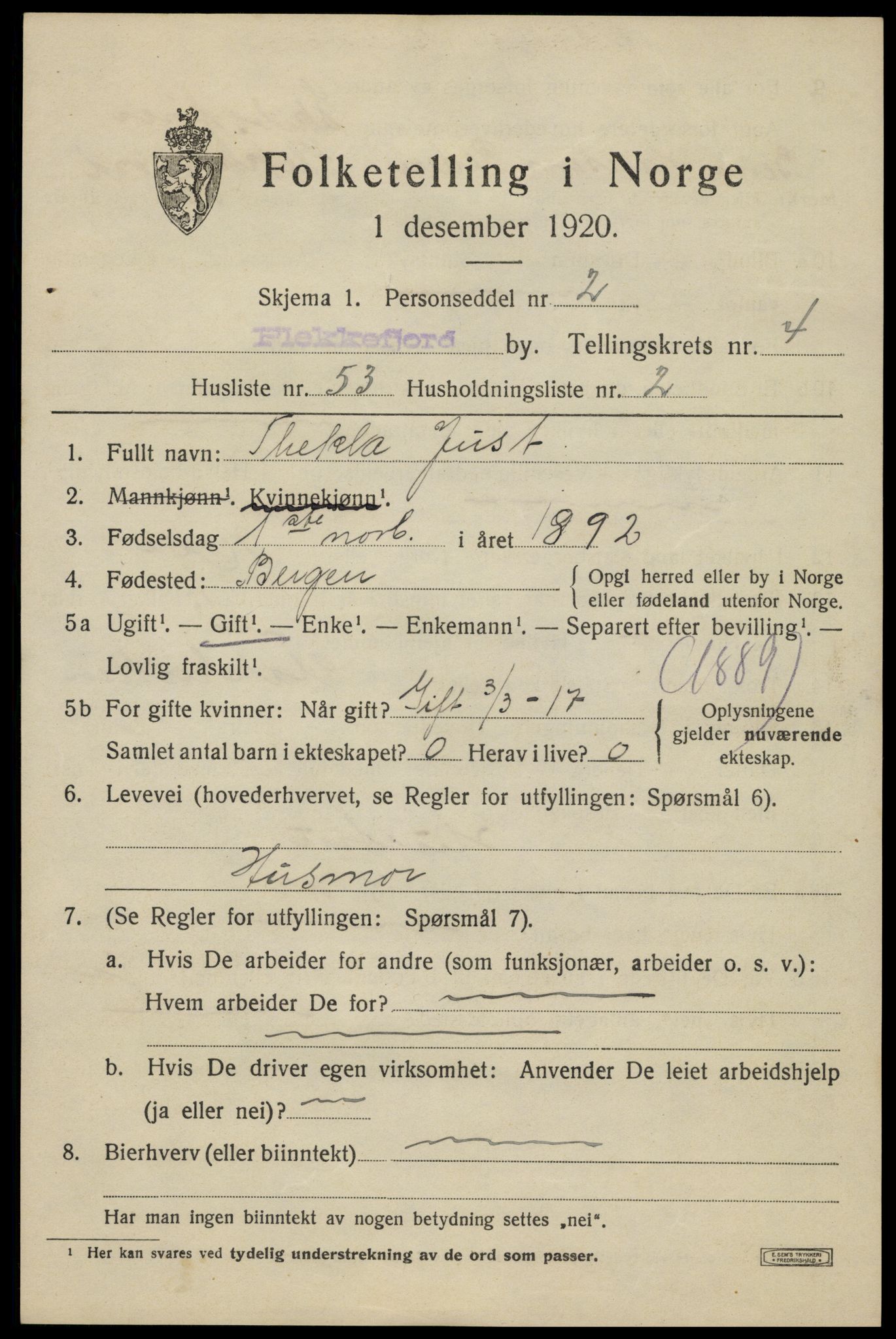 SAK, Folketelling 1920 for 1004 Flekkefjord kjøpstad, 1920, s. 5118
