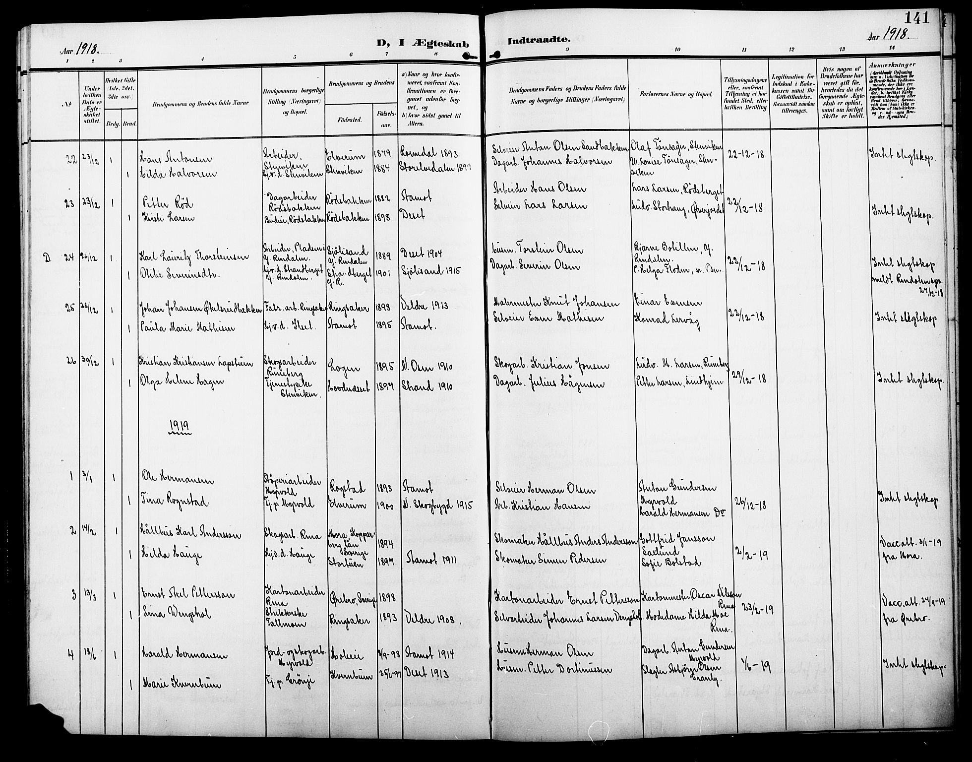 Åmot prestekontor, Hedmark, AV/SAH-PREST-056/H/Ha/Hab/L0004: Klokkerbok nr. 4, 1905-1920, s. 141