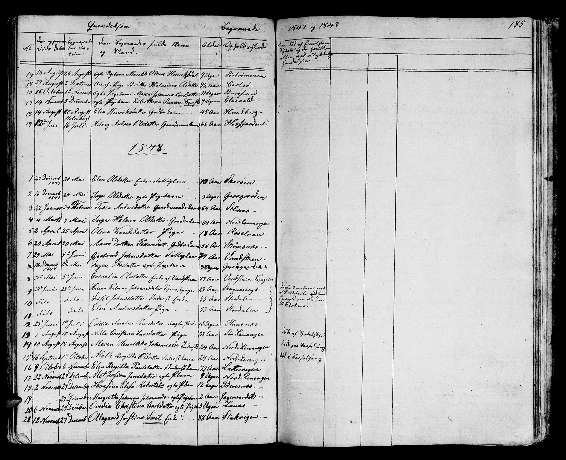 Karlsøy sokneprestembete, AV/SATØ-S-1299/H/Ha/Hab/L0002klokker: Klokkerbok nr. 2, 1843-1861, s. 185