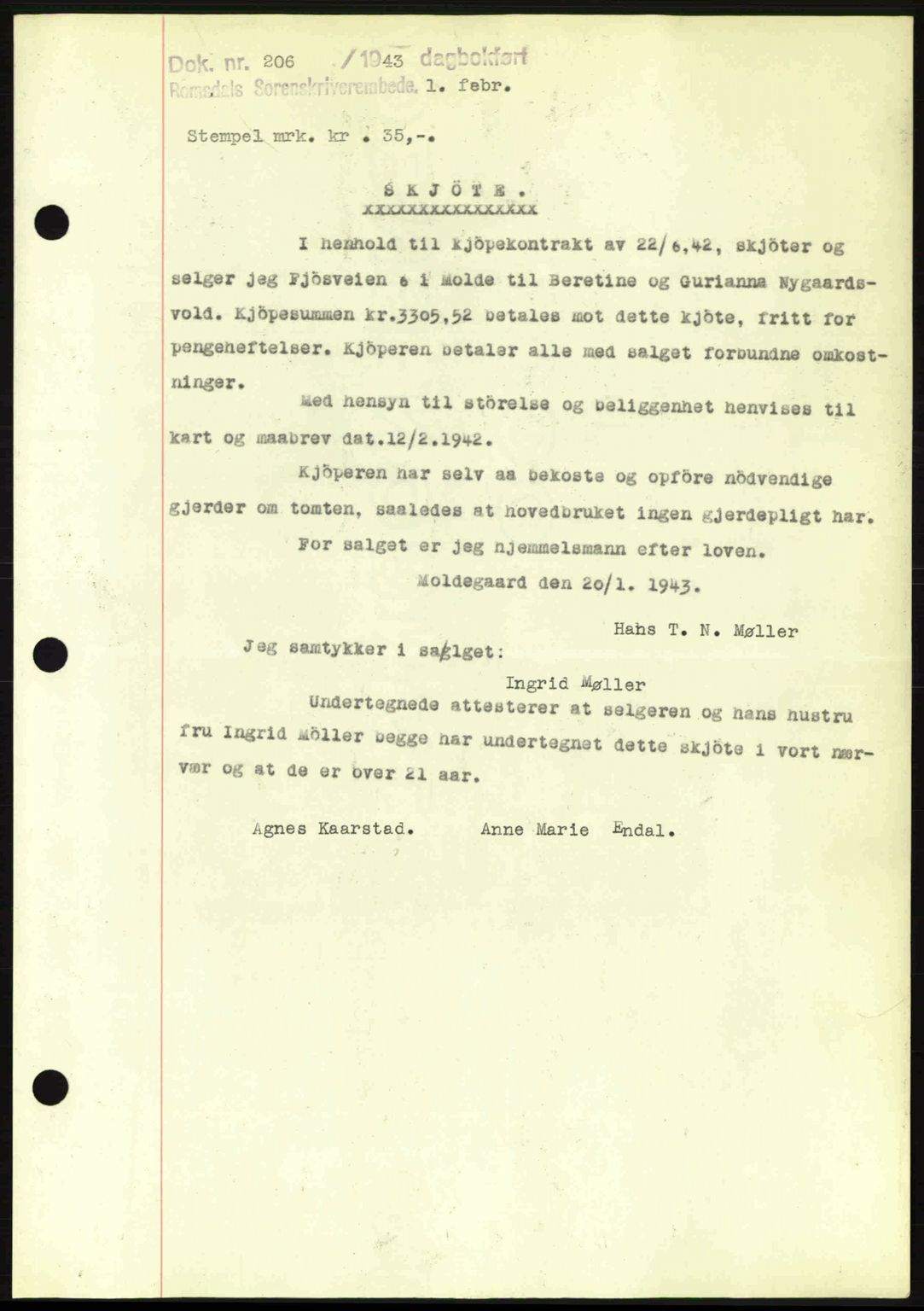 Romsdal sorenskriveri, SAT/A-4149/1/2/2C: Pantebok nr. A13, 1942-1943, Dagboknr: 206/1943