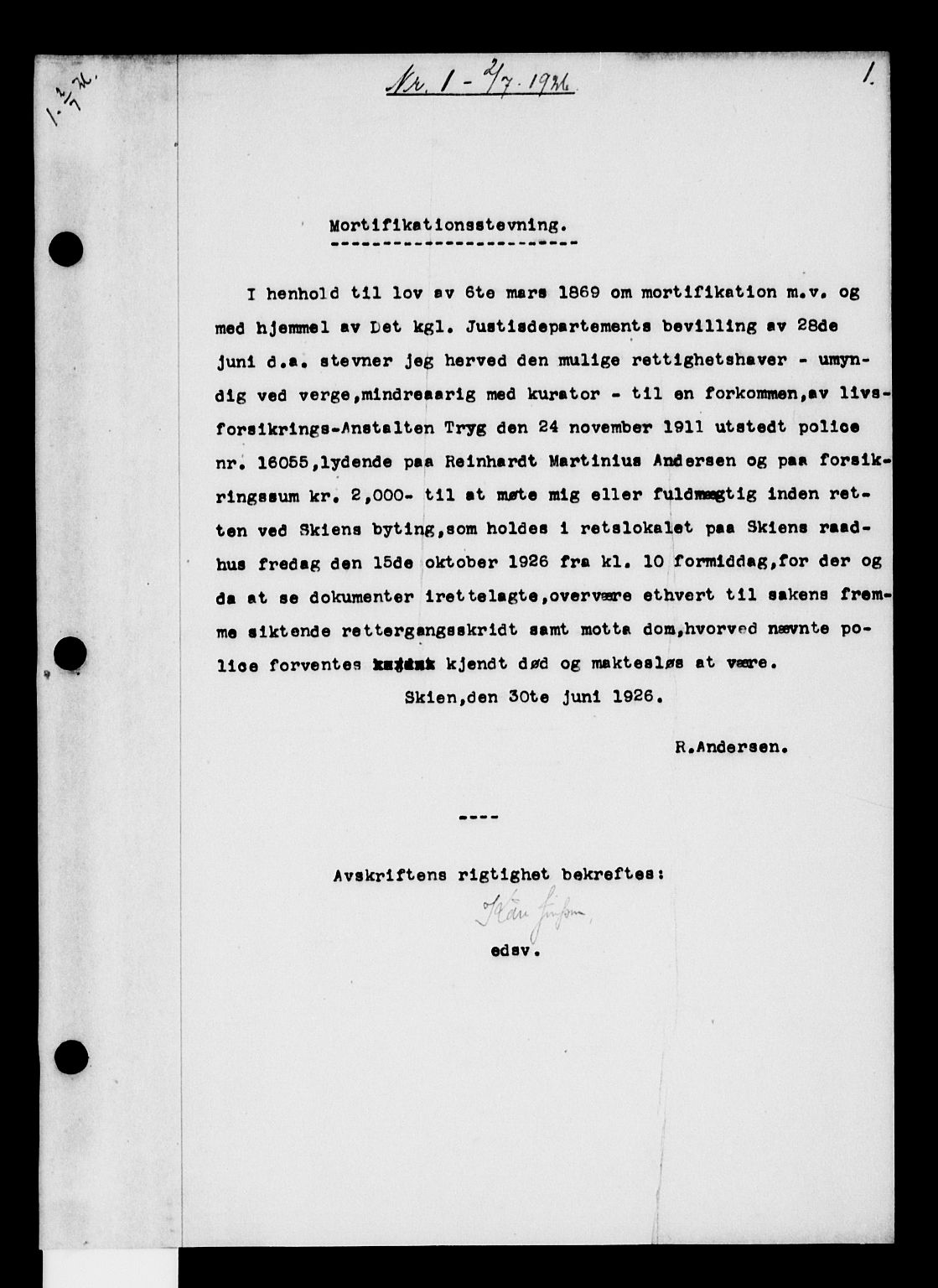 Skien byfogd, SAKO/A-219/G/Ga/Gab/L0036: Pantebok nr. II 36, 1926-1927, s. 1
