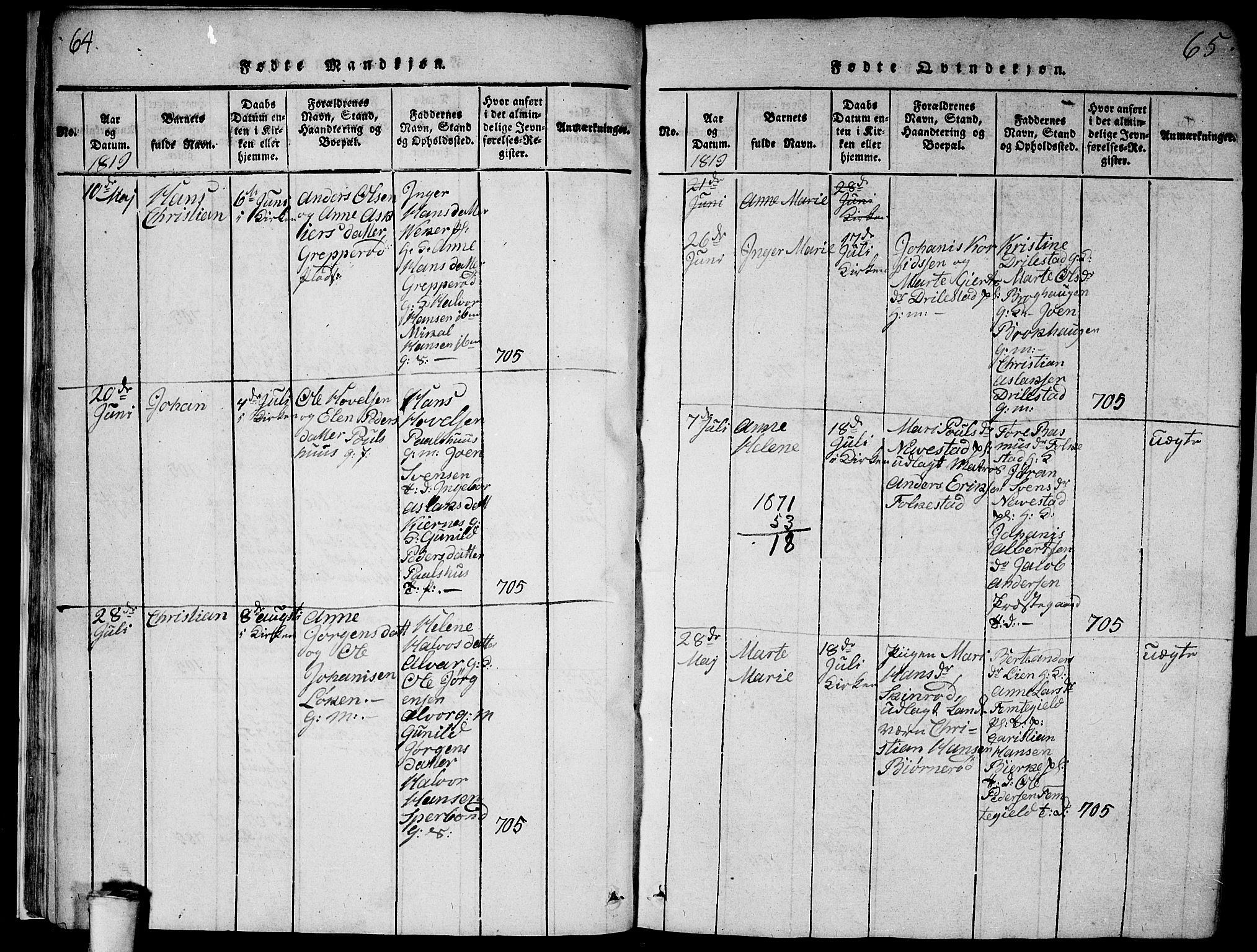 Våler prestekontor Kirkebøker, AV/SAO-A-11083/G/Ga/L0001: Klokkerbok nr. I 1, 1815-1839, s. 64-65