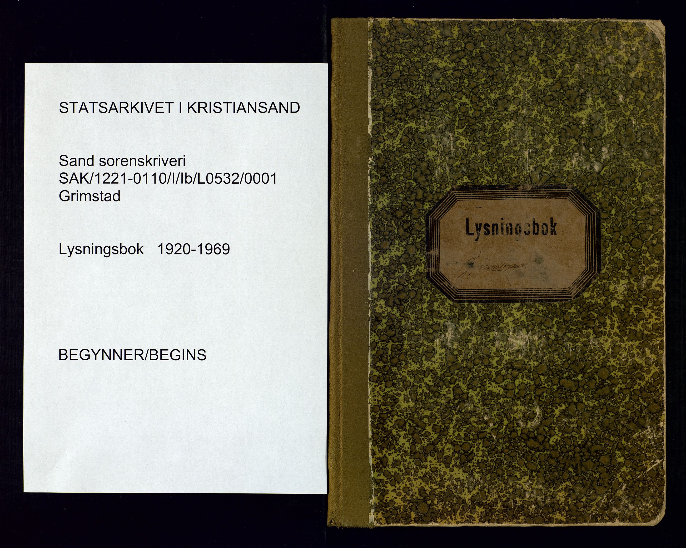 Sand sorenskriveri - 2, SAK/1221-0110/I/Ib/L0532/0001: Lysning og vigsel / Lysningsbok for Grimstad, 1920-1969