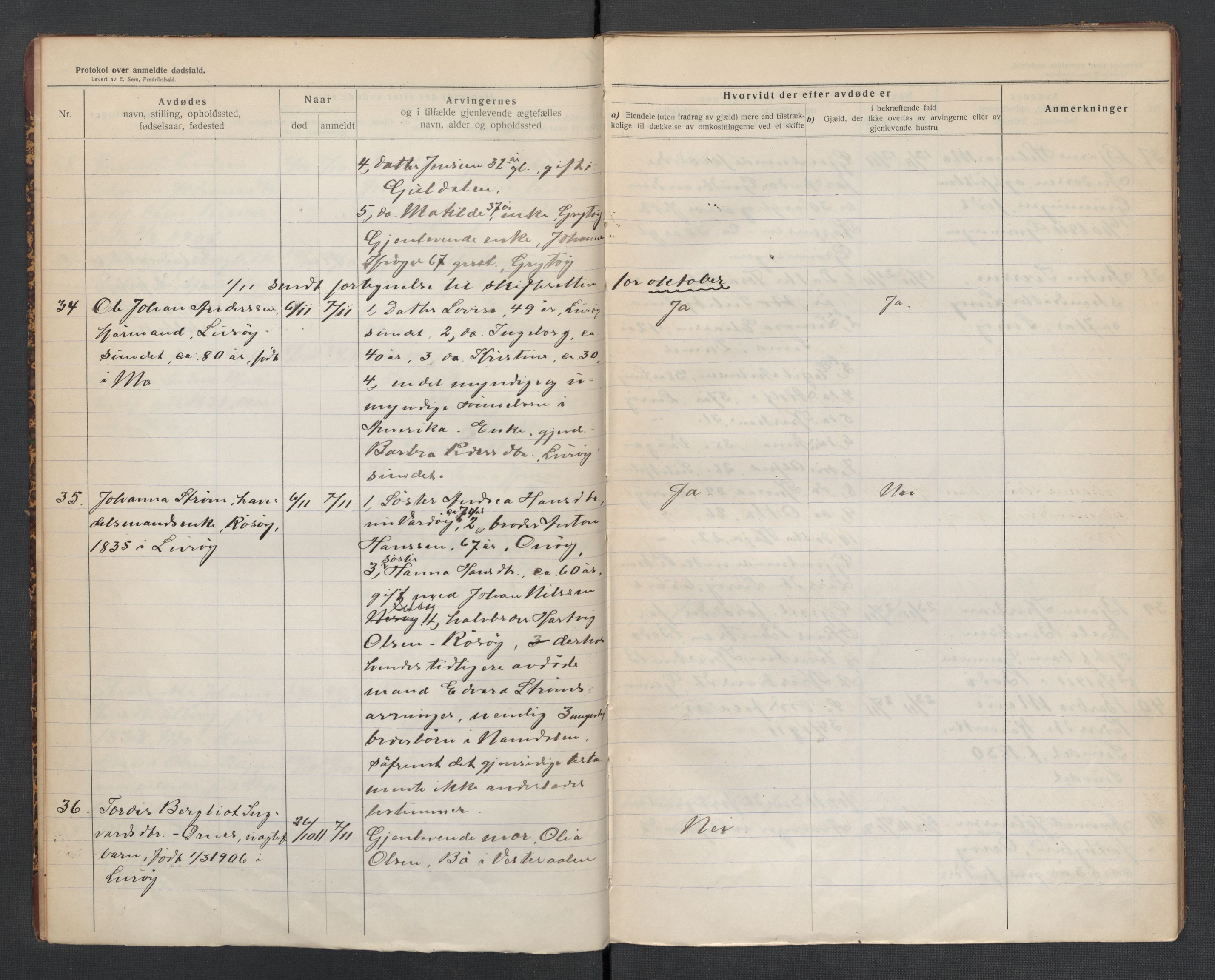 Lurøy og Træna lensmannskontor, AV/SAT-A-5697/1/02/L0002: 2.01.02 - Dødsfallsprotokoll, 1911-1920