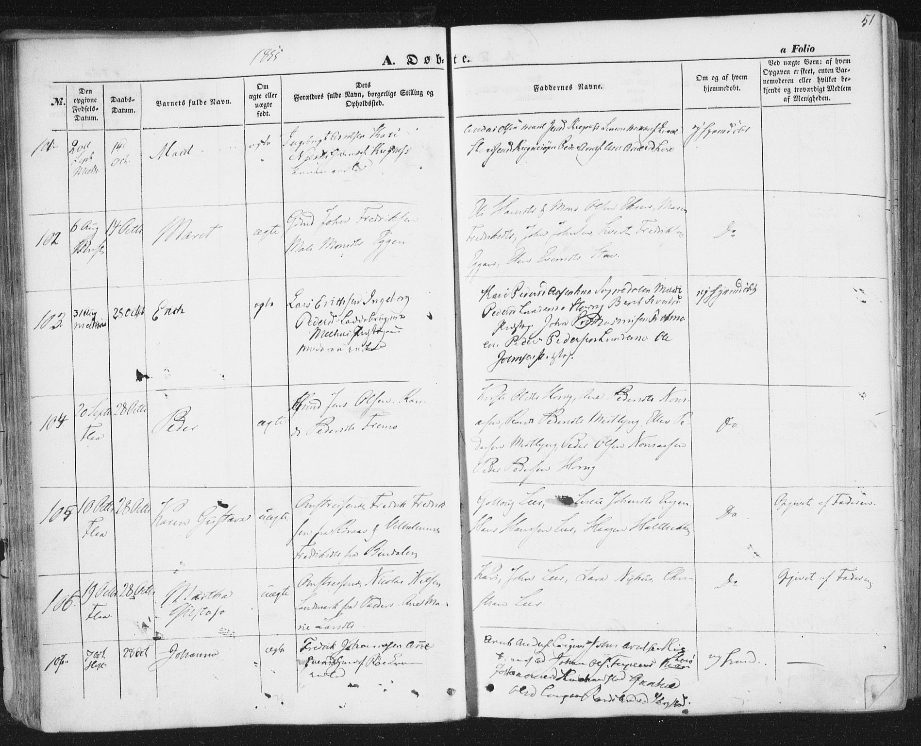 Ministerialprotokoller, klokkerbøker og fødselsregistre - Sør-Trøndelag, SAT/A-1456/691/L1076: Ministerialbok nr. 691A08, 1852-1861, s. 51