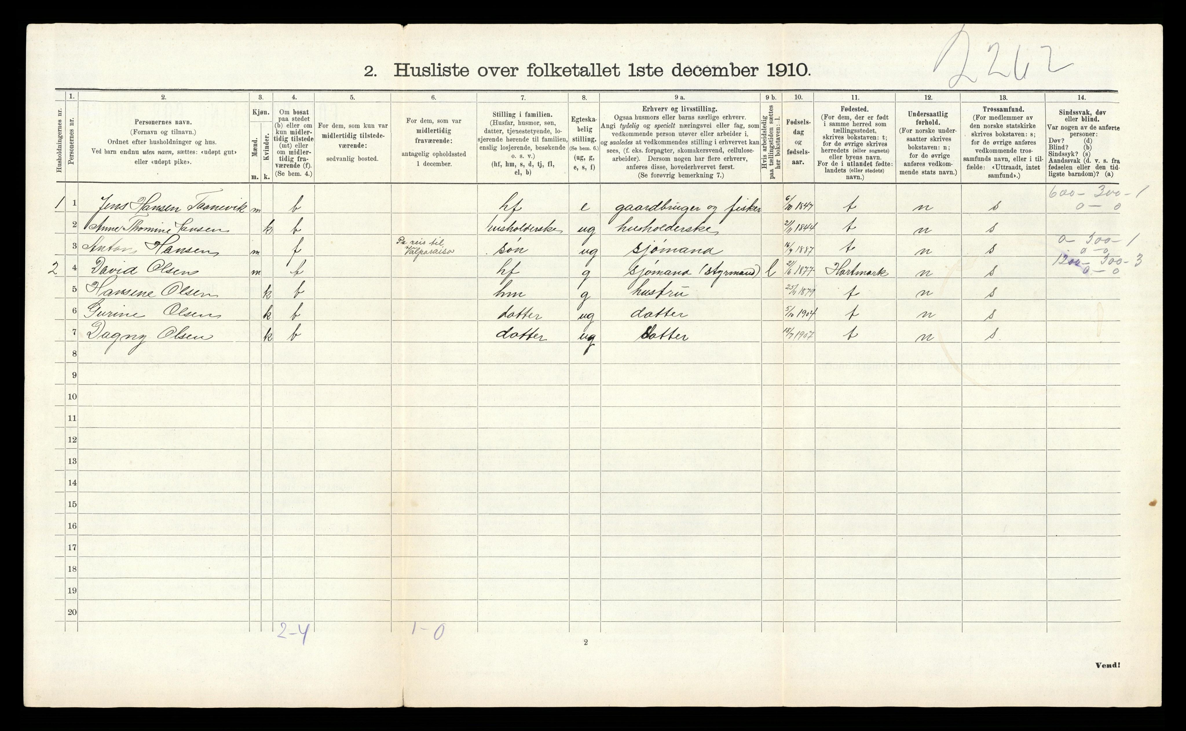 RA, Folketelling 1910 for 1018 Søgne herred, 1910, s. 1007