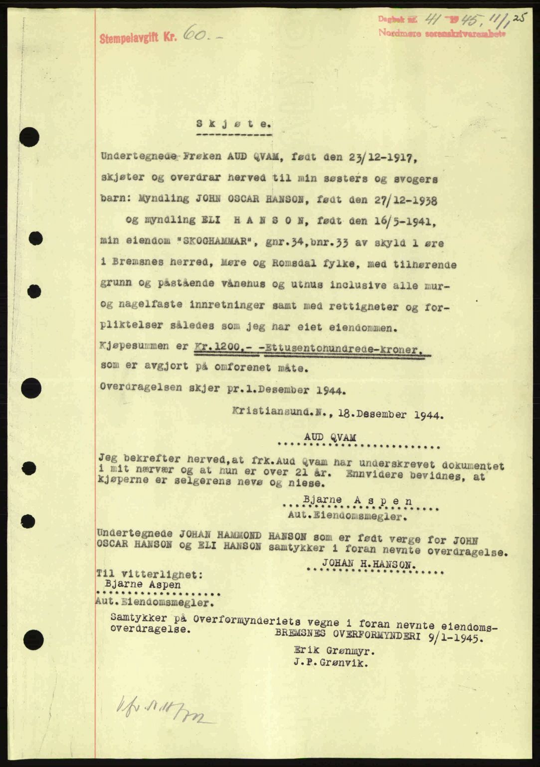 Nordmøre sorenskriveri, SAT/A-4132/1/2/2Ca: Pantebok nr. A99, 1945-1945, Dagboknr: 41/1945