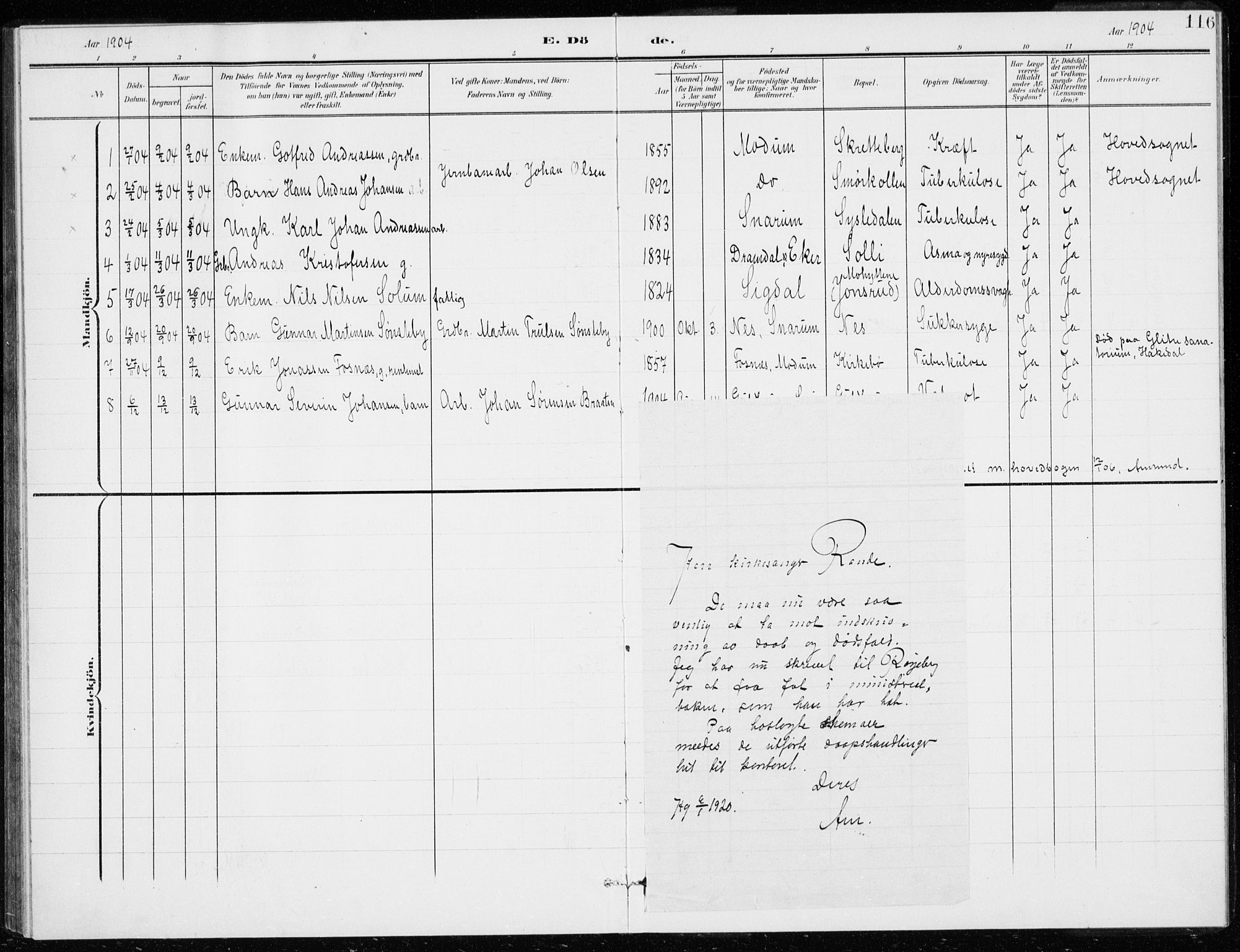 Modum kirkebøker, SAKO/A-234/G/Gd/L0001: Klokkerbok nr. IV 1, 1901-1921, s. 116