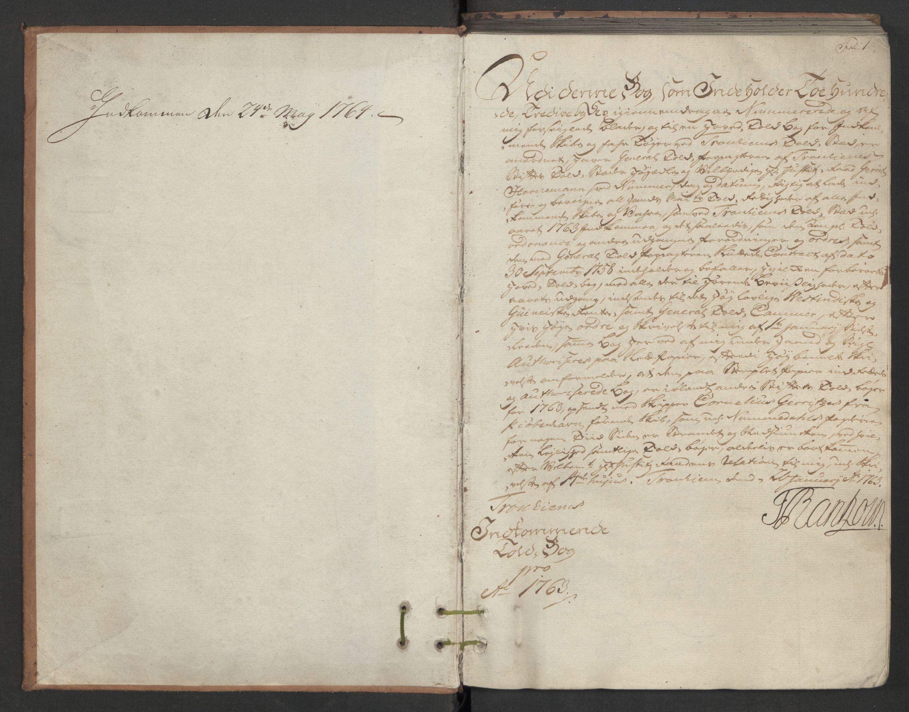 Generaltollkammeret, tollregnskaper, AV/RA-EA-5490/R33/L0078/0001: Tollregnskaper Trondheim A / Inngående hovedtollbok, 1763