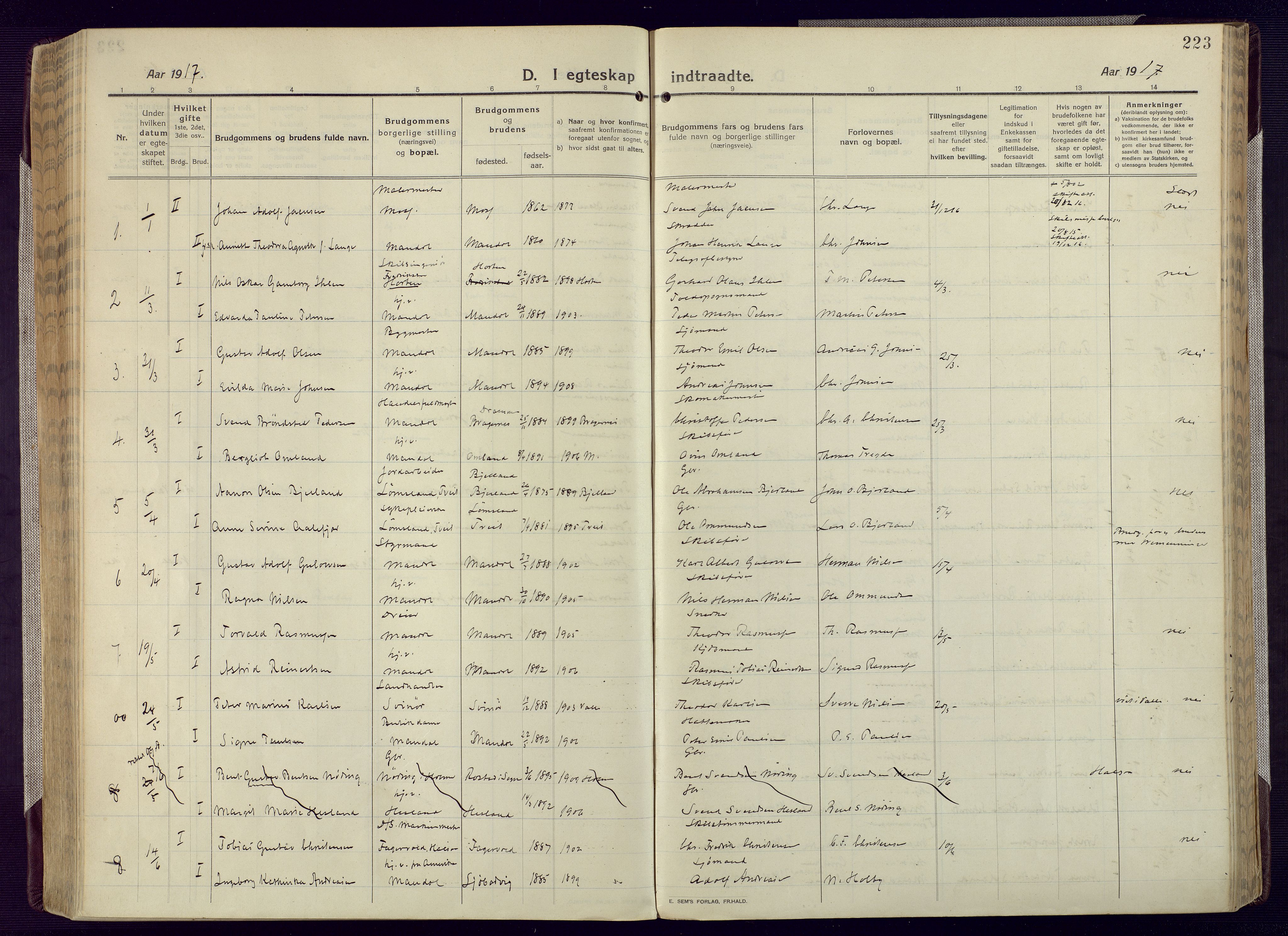 Mandal sokneprestkontor, AV/SAK-1111-0030/F/Fa/Fac/L0001: Ministerialbok nr. A 1, 1913-1925, s. 223