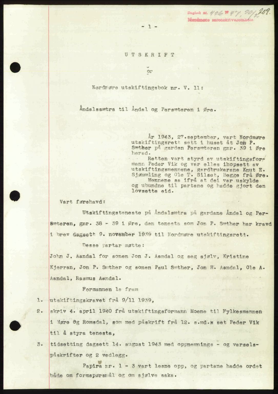 Nordmøre sorenskriveri, SAT/A-4132/1/2/2Ca: Pantebok nr. A104, 1947-1947, Dagboknr: 426/1947