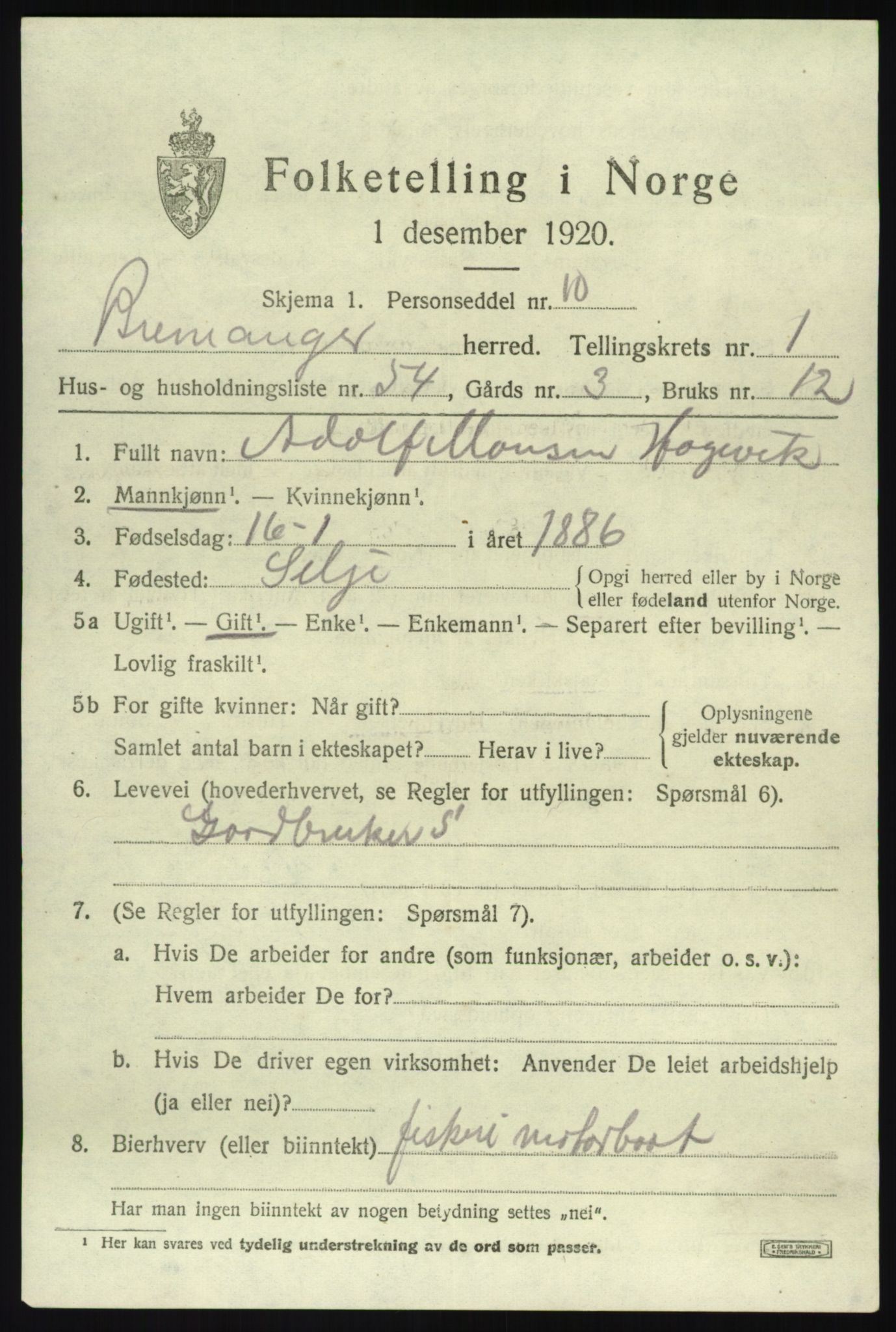 SAB, Folketelling 1920 for 1438 Bremanger herred, 1920, s. 1608