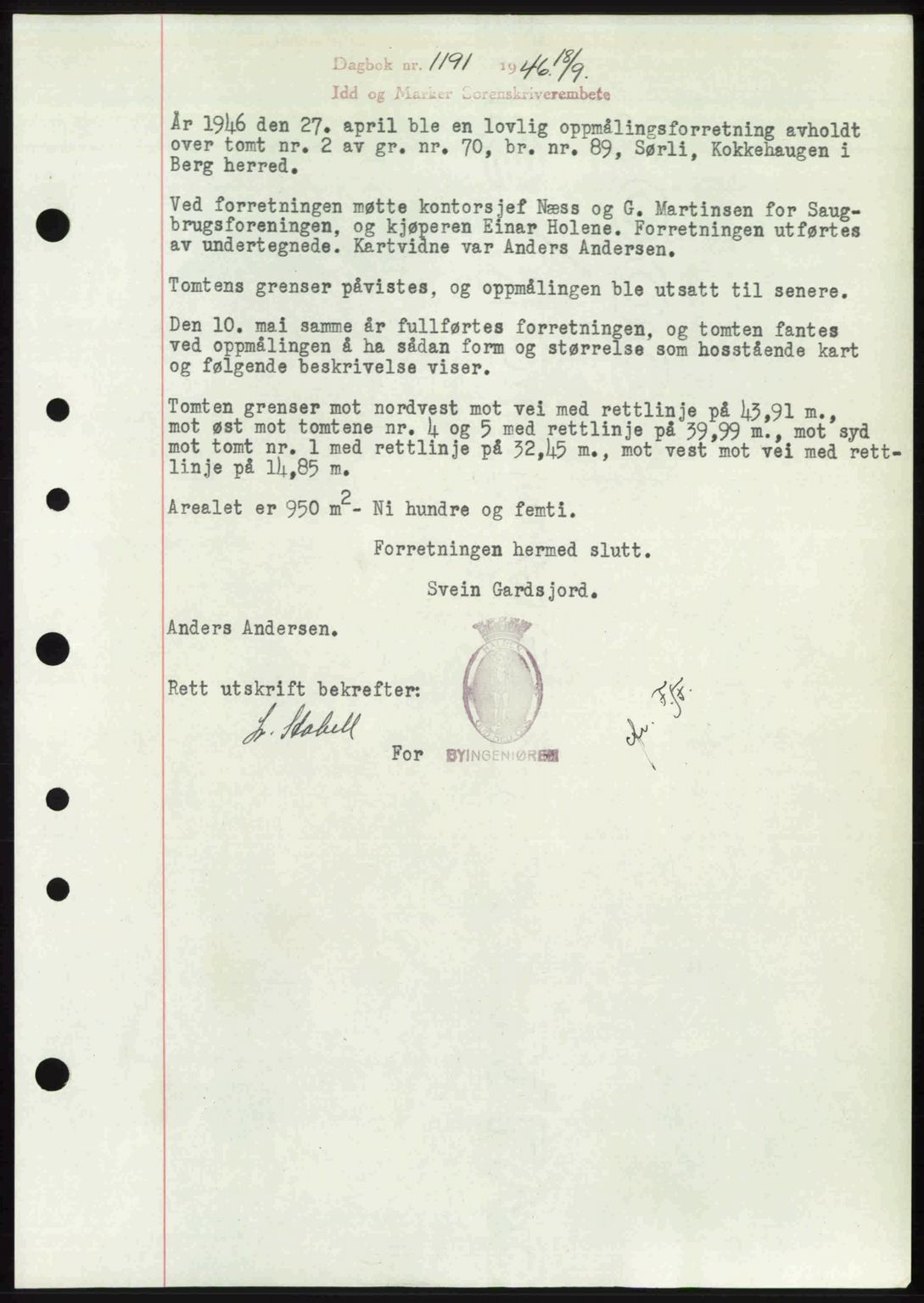 Idd og Marker sorenskriveri, AV/SAO-A-10283/G/Gb/Gbb/L0008: Pantebok nr. A8, 1946-1946, Dagboknr: 1191/1946
